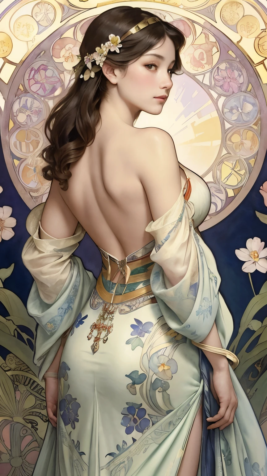 (best quality,4K,8K,High resolution,masterpiece:1.2),super detailed,actual:1.37,girl,((masterpiece)), (best quality), (Work), Art Nouveau watercolor painting , moon goddess , big breasts，robe，thong，show your neck，bare shoulders，show navel，Camel toe exposed，big eyes, long, thick eyelashes, plump lips, dark red eyes, hair long and thick, high ponytail, chubby, flowery_background, Intricate designs and patterns in the style of Alphonse Mucha.from behind