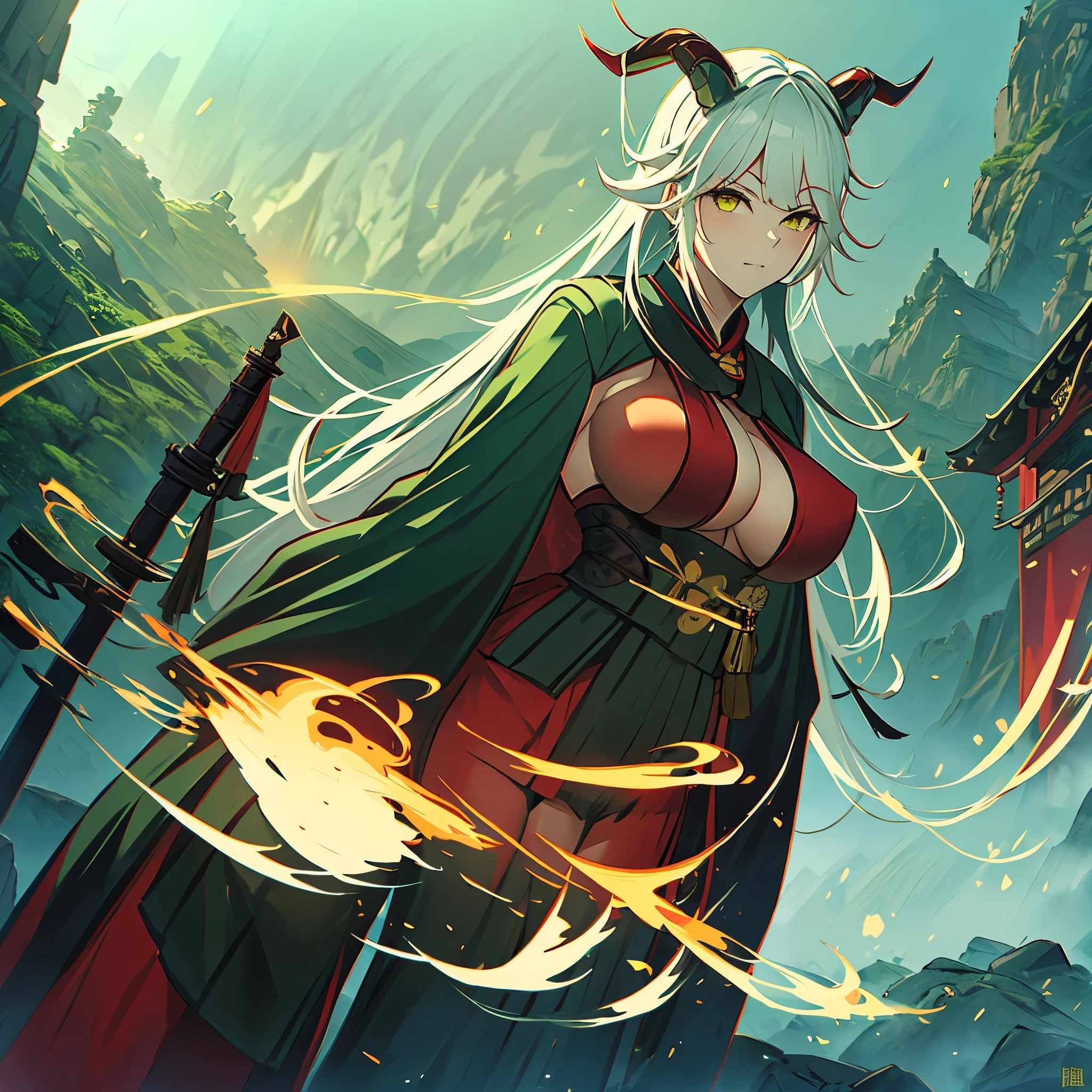 A woman wearing a green samurai kimono with red details, horns, long white hair, big breast, yellow eyes, on a mountain with fog.
