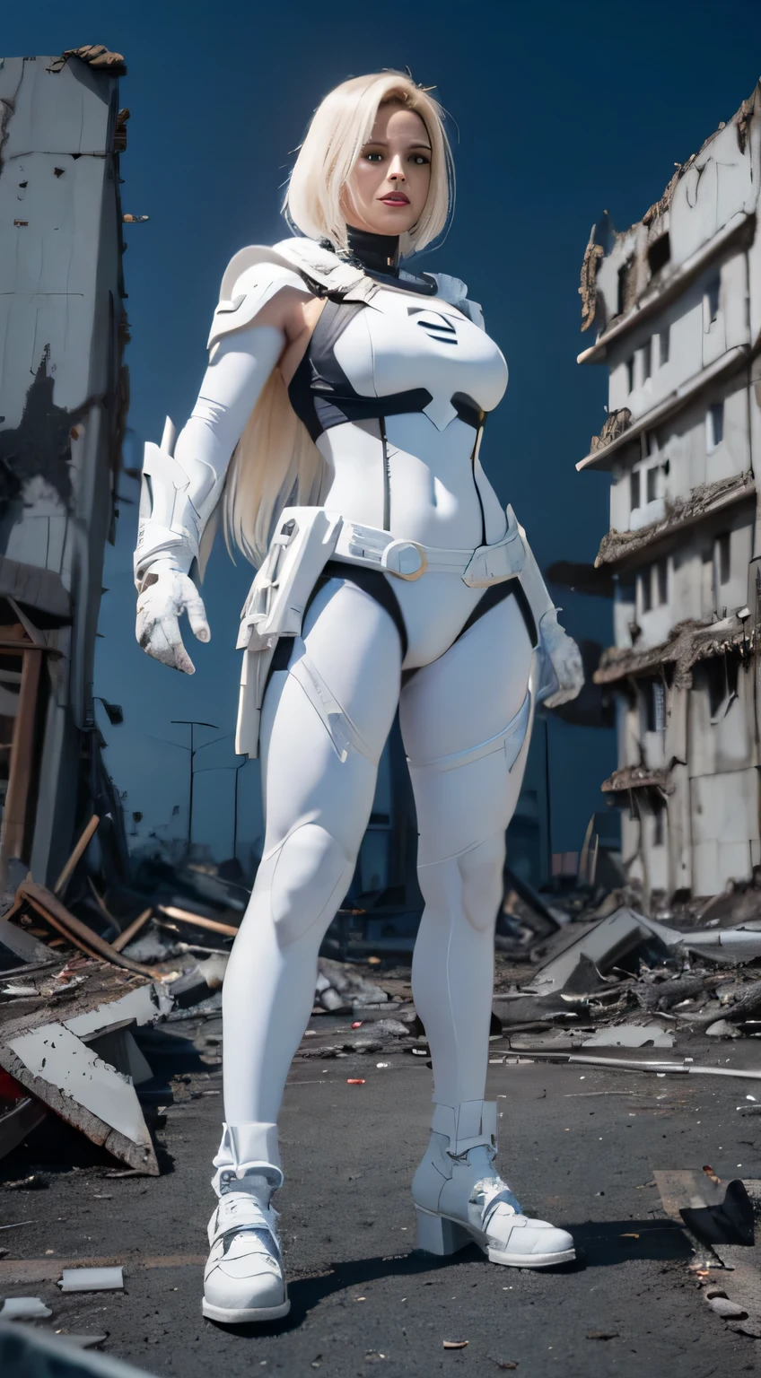 (White Superhero Theme Superchica),( Apocalyptic city destroyed:1.4),(Superchica:1.4), (cabello blanco canoso ),More detailed 8K.motor irreal:1.4,High Definition,La mejor calidad:1.4, fotorrealista:1.4, textura de la piel:1.4, obra maestra:1.8,obra maestra, mejor calidad,objeto Objeto], (rasgos faciales detallados:1.3), (manos detalladas:1.4),
