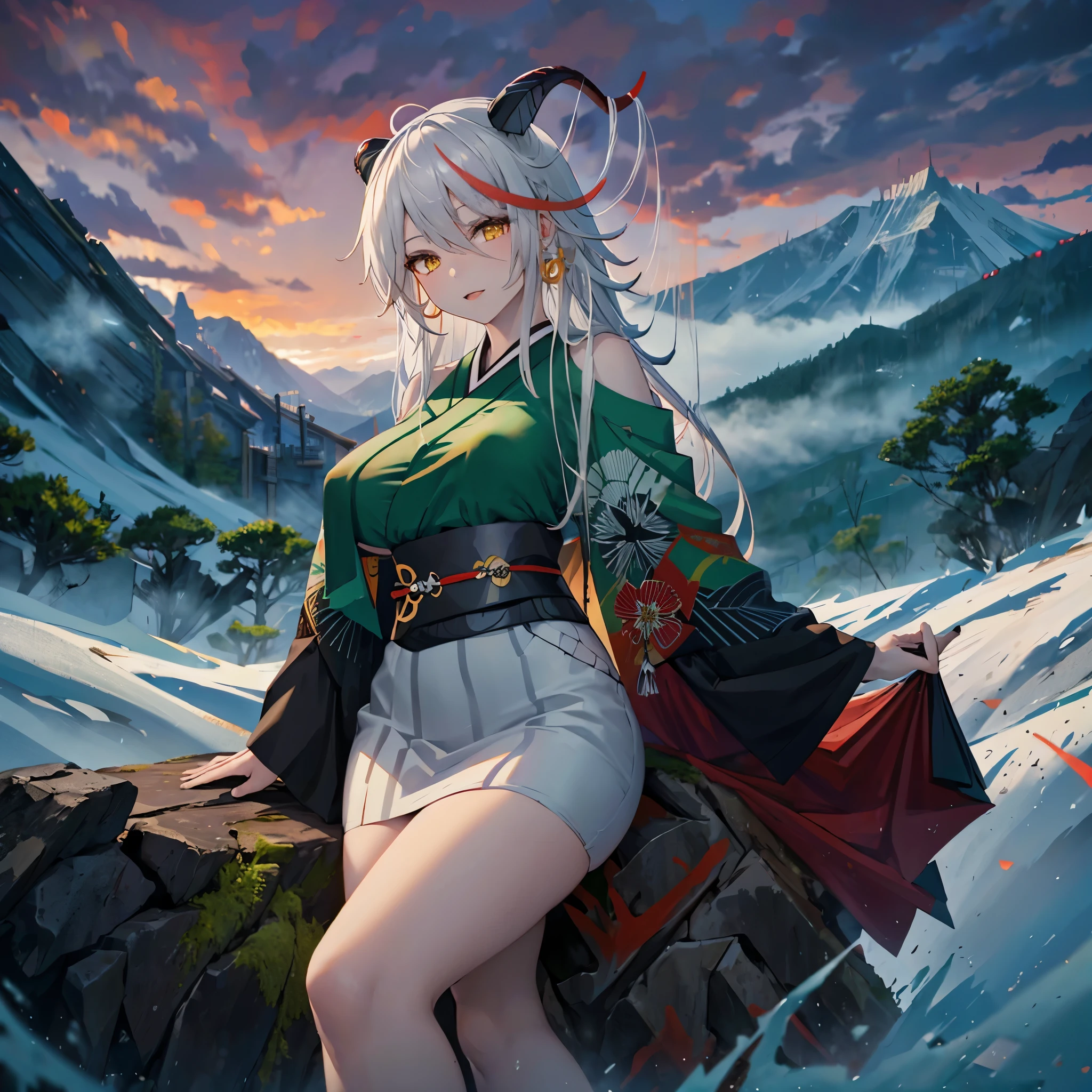 A woman wearing a green samurai kimono with red details, horns, long white hair, big breast, yellow eyes, on a mountain with fog.
