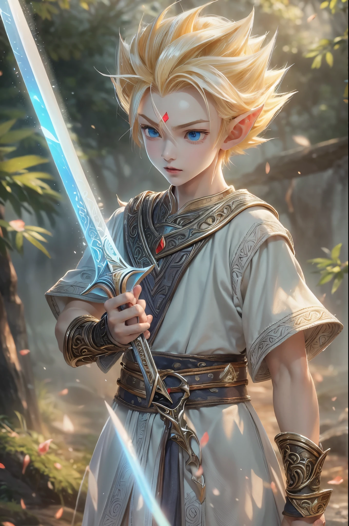 (master piece), 8k, best quality, elf boy, naïve, male, teenager, , white skin, thin body, pointed elf ears, beautiful finely detailed silver eyes, high forehead, yellow blonde spiky hair like Gohan from the anime dragon ball (super sayajin), Incredibly handsome, calm appearance, conservative elven clothing, holding a short sword, nordic detailed hilt.