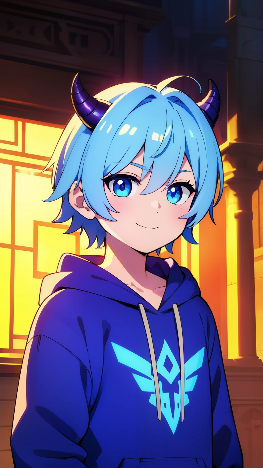 (high-quality, breathtaking),(expressive eyes, perfect face) 1boy, male, solo, age 13, kid age, feminine face, light blue color hair, light blue eye color, spiky fluffy hair, short hair length, cute smile, 4" Height, cute face, childlike face, modern clothing, hoodie, shorts decals on clothing, jewellery and accessories, dragon, dragon boy, small dragon horns, glowing bluish-purple horns, Symmetrical Eyes, portrait, bustshot, positive expression, background school courtyard
