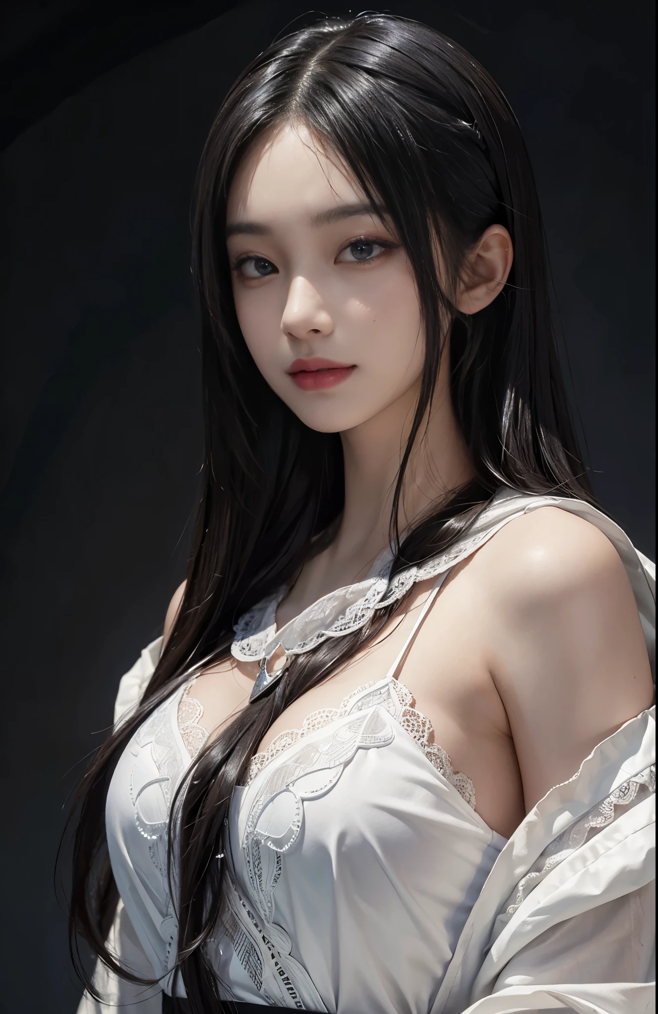 Create a highly detailed and eerie image of Yuki-Onna, a beautiful woman with long black hair and pale, icy skin. She should be depicted in a snowy landscape, with an ethereal, ghostly appearance. Her expression should be cold and haunting, and she should have an aura of frost surrounding her. Snowflakes gently falling around her will add to the chilling atmosphere.