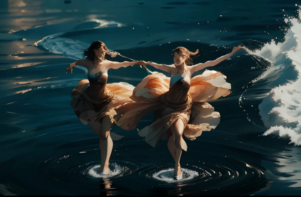(2women:1.4), flowing dresses, dancing on the water, pair skating, ocean, calm seas, well lit, daytime, sunny, reflections off the water, bright light, vibrant colors