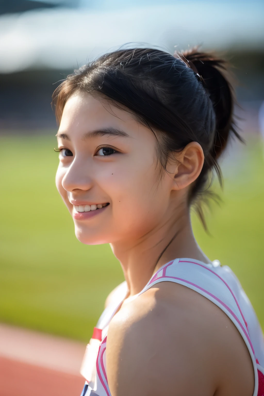 (Beautiful 12 year old Japanese female track and field athlete), cute face, (deeply carved face:0.7), (freckles:0.6), dramatic lighting, shy, ponytail, (smile), (sparkling eyes), thin, athletics stadium, athlete, slender