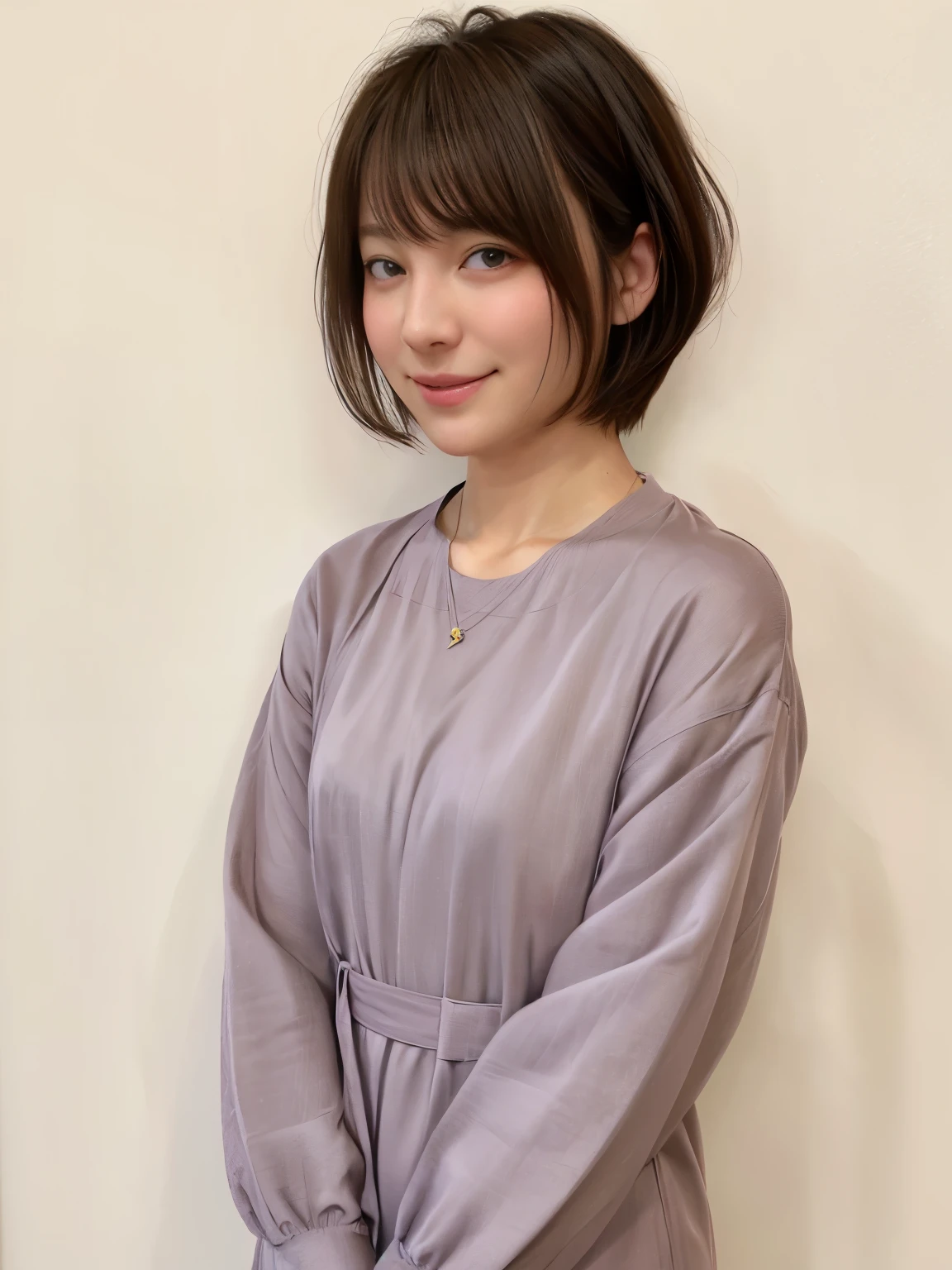 table top、burgundy long sleeve dress、Photographed in natural light、(8K、Raw photo、highest quality、masterpiece:1.2)、High-definition RAW color photo、professional photos、(realistic、photo realistic:1.37)、1 girl、laughter、white wall、Taken in front of the white door、(窓のあるwhite wallの部屋)、various poses、simple necklace、spring clothes、Don'don't look at the camera、Eye color is dark brown、short hair、turn to the side、profile、black hair