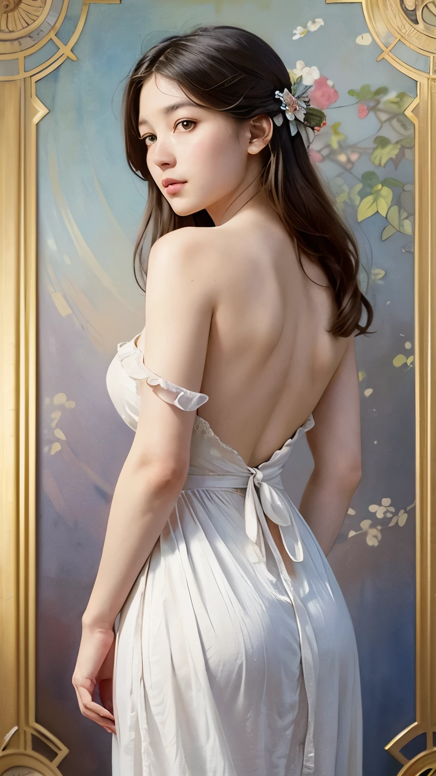 (highest quality、High resolution、masterpiece)、(Sargent style watercolor)、 (Alphonse Mucha)、(Ukiyo-e)、painterly、(vintage, classic)、
botanical art,flower art,art deco,Bright colors,colorful,
amazing details, alone,girl,(Photographed from diagonally below the back),accurate drawings,Detail view,luxury,Open,functional,