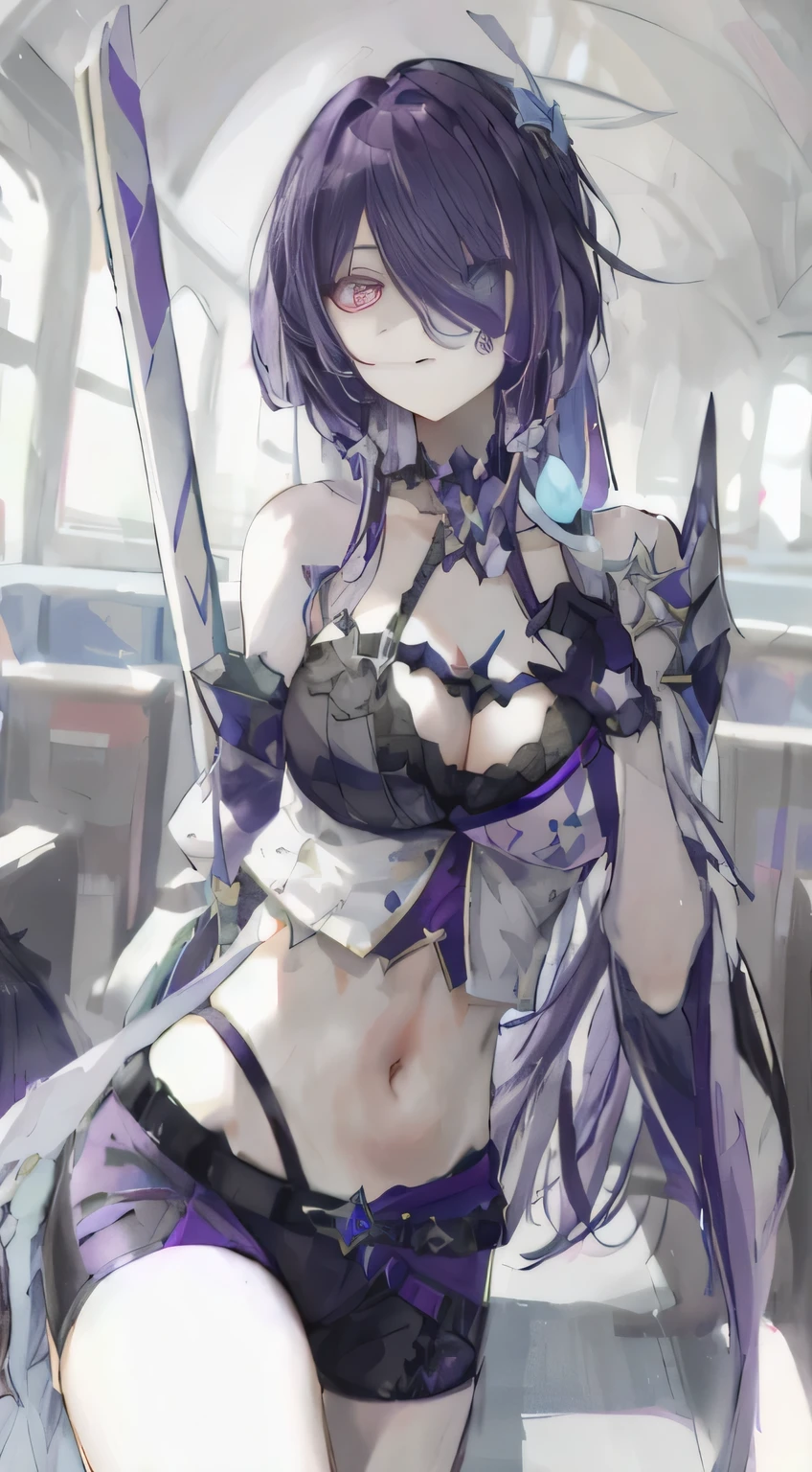 Collapse:Star Dome Railway,die,Expose your belly,Purple pupils,purple hair,Partially gray hair,There is a knife in hand