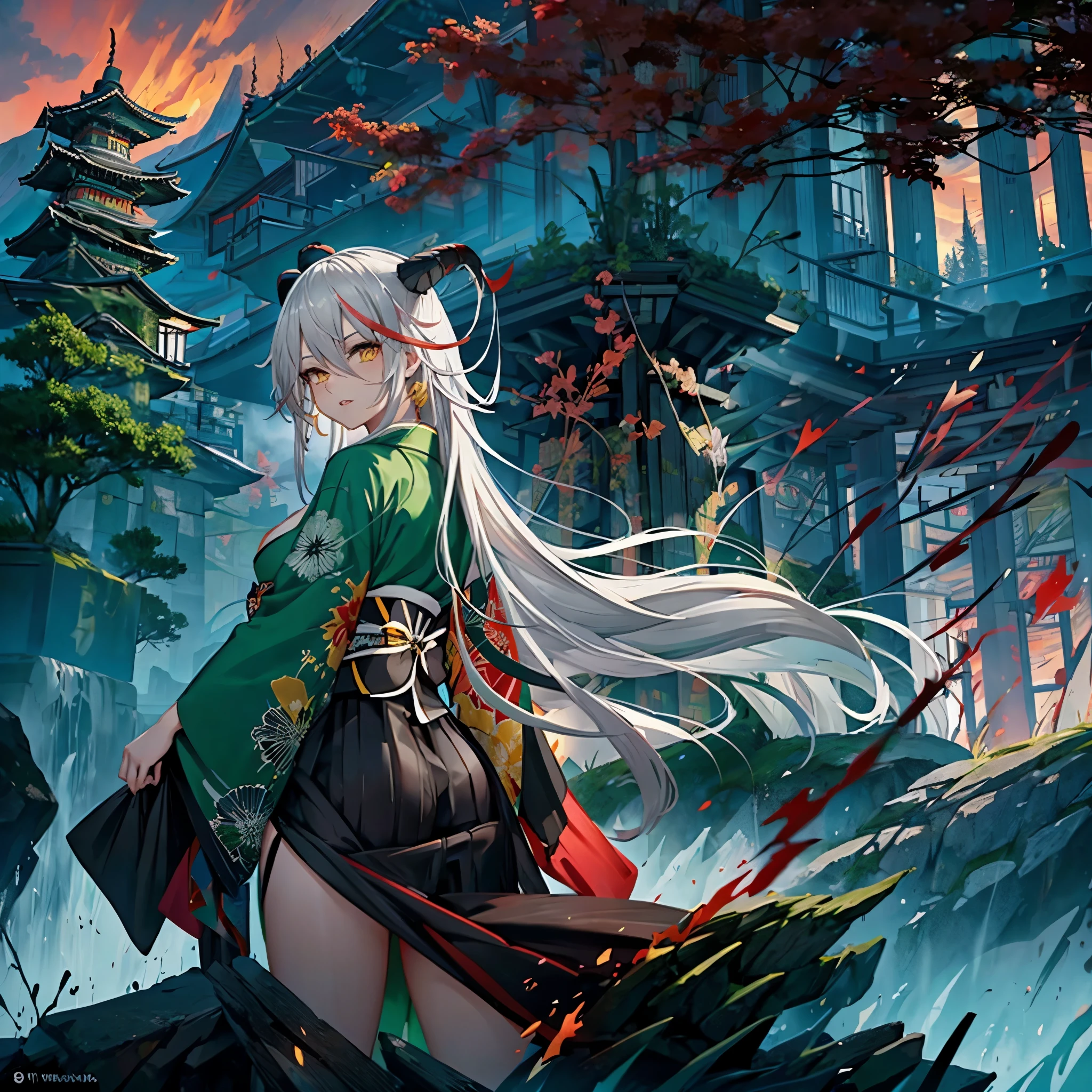 A woman wearing a green samurai kimono with red details, long skirt, horns, long white hair, yellow eyes, on a mountain with fog.
