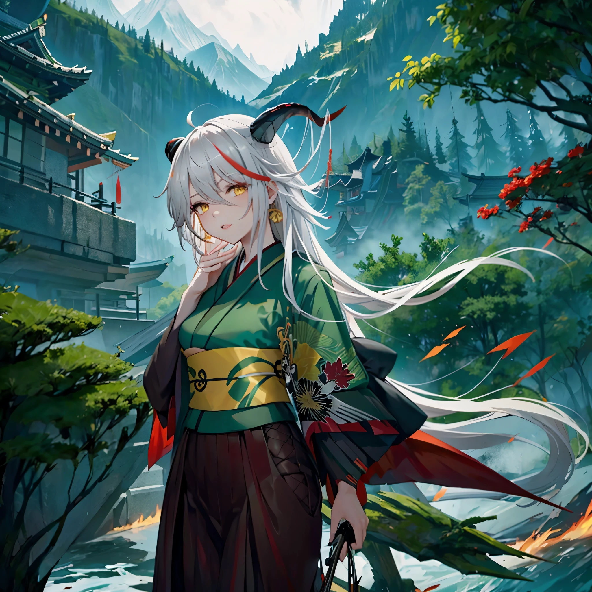 A woman wearing a green samurai kimono with red details, long skirt, horns, long white hair, yellow eyes, on a mountain with fog.
