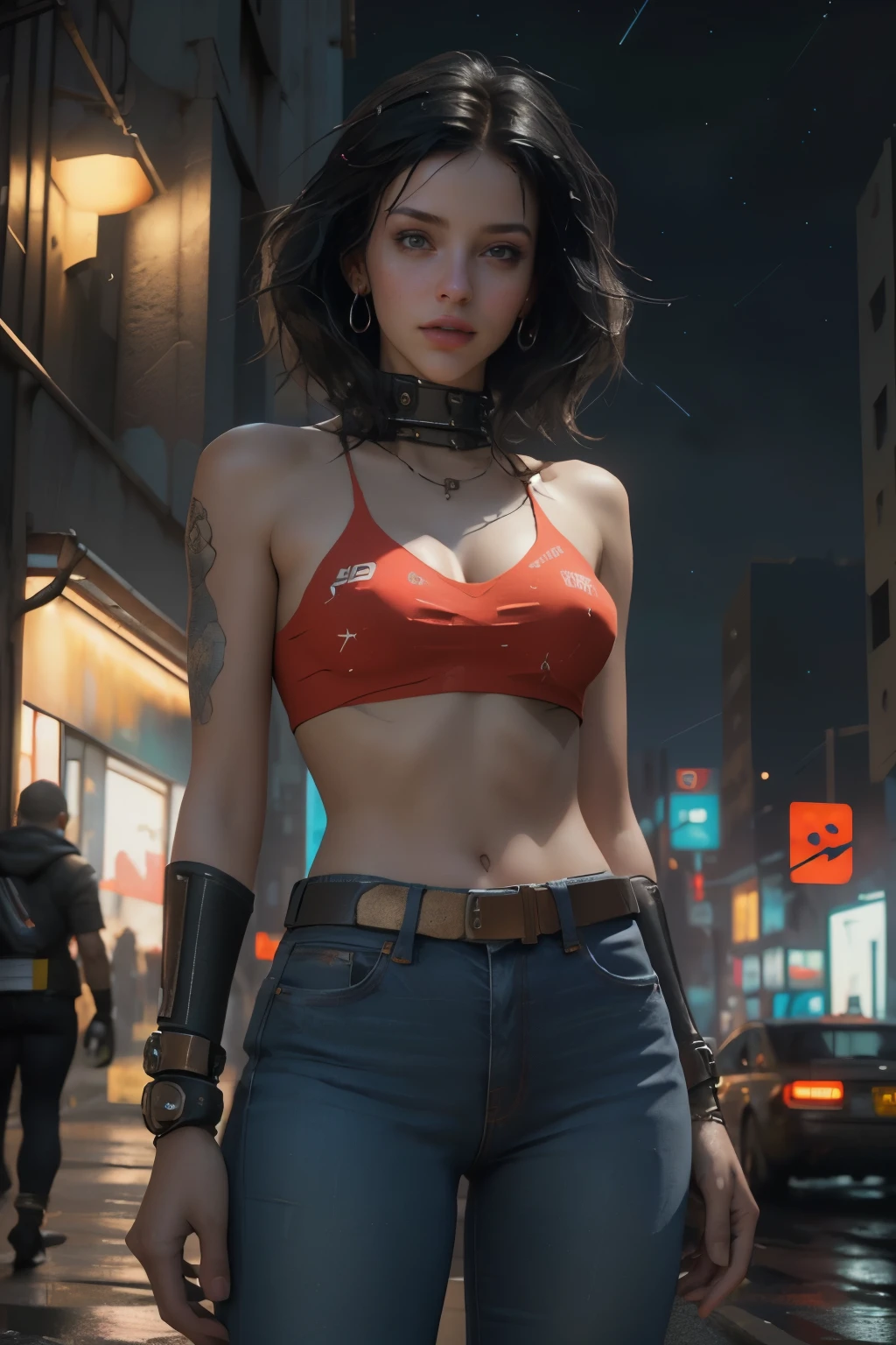 Unreal Engine: 1.4, CG 64K Ultra-realistic, Photorealistic: 1.4, Skin Texture: 1.4, Masterpiece: 1.4, Unreal Engine: 1.4, CG 64K Ultra-realistic, Photorealistic: 1.4, Skin Texture: 1.4, Masterpiece: 1.4, young American woman, topless, small breasts with hard long nipples, cyberpunk style clothing, jeans, colorful and striking cyberpunk style clothing, background lighting of the city with warm and vivid colors at 4PM, ((32k Photo)) HDR, super realistic, raw quality, (Hyper-realistic style details, vivid colors: 1.3, dark night sky, cyberpunk buildings, beautiful composition.