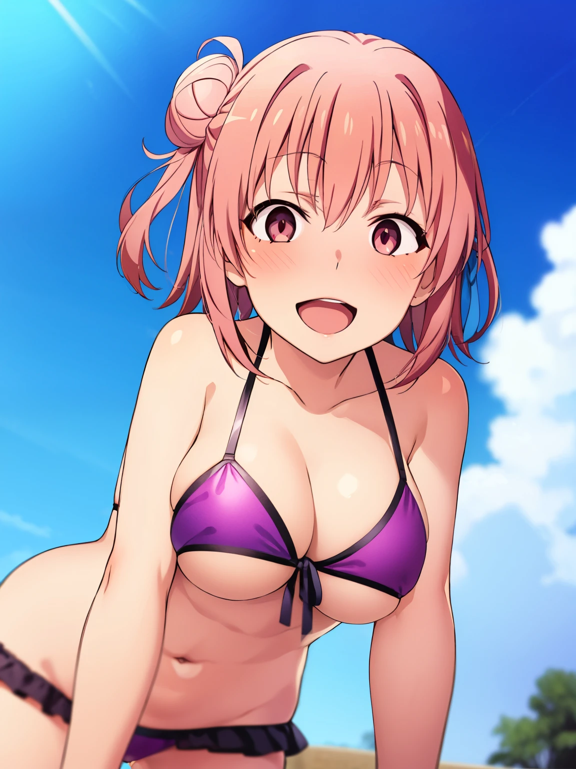 (highest quality, High resolution, perfect pixel, Depth of the bounds written, 4k, beautiful anime girl),
looking at the viewer,
perfect body,
Yuigahama Yui, short hair, hair bun,
large breast,
belly button,
smile, (blush, pink eyes:1.2), open mouth,
outdoor, cloud,
from below, upper body, underboob, Armpit, purple frilled bikini, leaning forward,