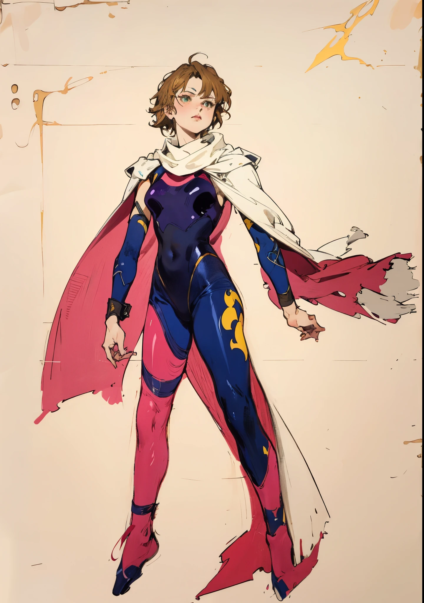 A girl with short brown hair, delicate features, a focused gaze, a determined expression, she has a petite figure akin to a gymnast, adorned with a long flowing cape-like scarf in red and yellow hues, a fantasy-realism-style gymnastics leotard with a long hemline attached, paired with matching leggings, ((black as the main color, complemented by red and yellow accents)), (she poised on a vast stage enveloped in mystery, she emitting a sacred glow in the dim environment), this character embodies a finely crafted fantasy-realism-style dancer in anime style, exquisite and mature manga art style, perfect body, porcelain skin, high definition, best quality, highres, ultra-detailed, ultra-fine painting, extremely delicate, professional, anatomically correct, symmetrical face, extremely detailed eyes and face, high quality eyes, creativity, RAW photo, UHD, 32k, Natural light, cinematic, masterpiece-anatomy-perfect, masterpiece:1.5