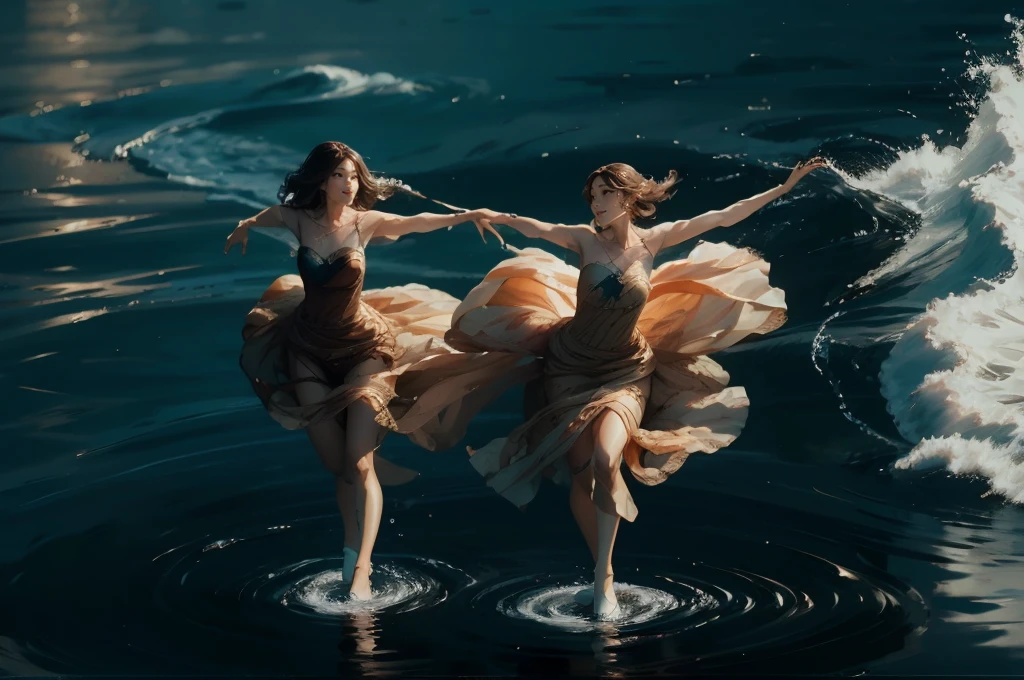 (2women:1.4), flowing dresses, dancing on the water, pair skating, ocean, calm seas, well lit, daytime, sunny, reflections off the water, bright light, vibrant colors