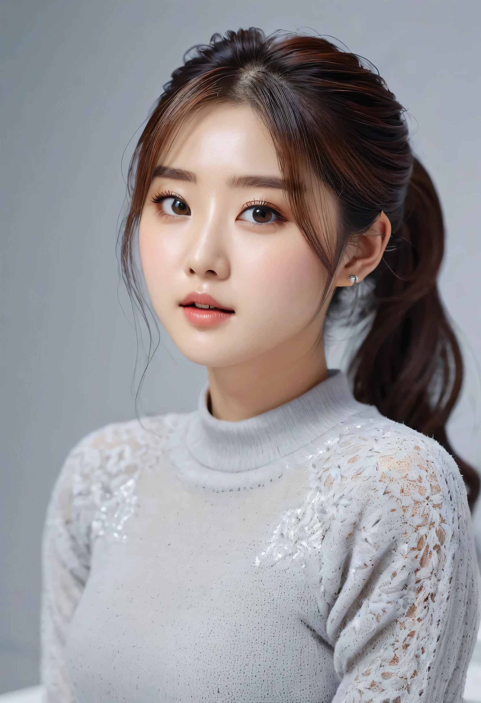 finely, High resolution, high quality、完璧なダイナミックな構shape, finelyて美しい目, medium hair, 、natural color lip,Kamimehibuya、20 year old girl、1 person、transparent skin、shining hair、table top, 最high quality, shape, Super detailed, finely, High resolution, 8K、correct state of the human body、random cute poses,ponytail hair,beautiful feet,perfect beautiful face,KPOP idol face,expression of ecstasy,Pale light gray knit dress,background blur,dress like a female model'fashion magazine
