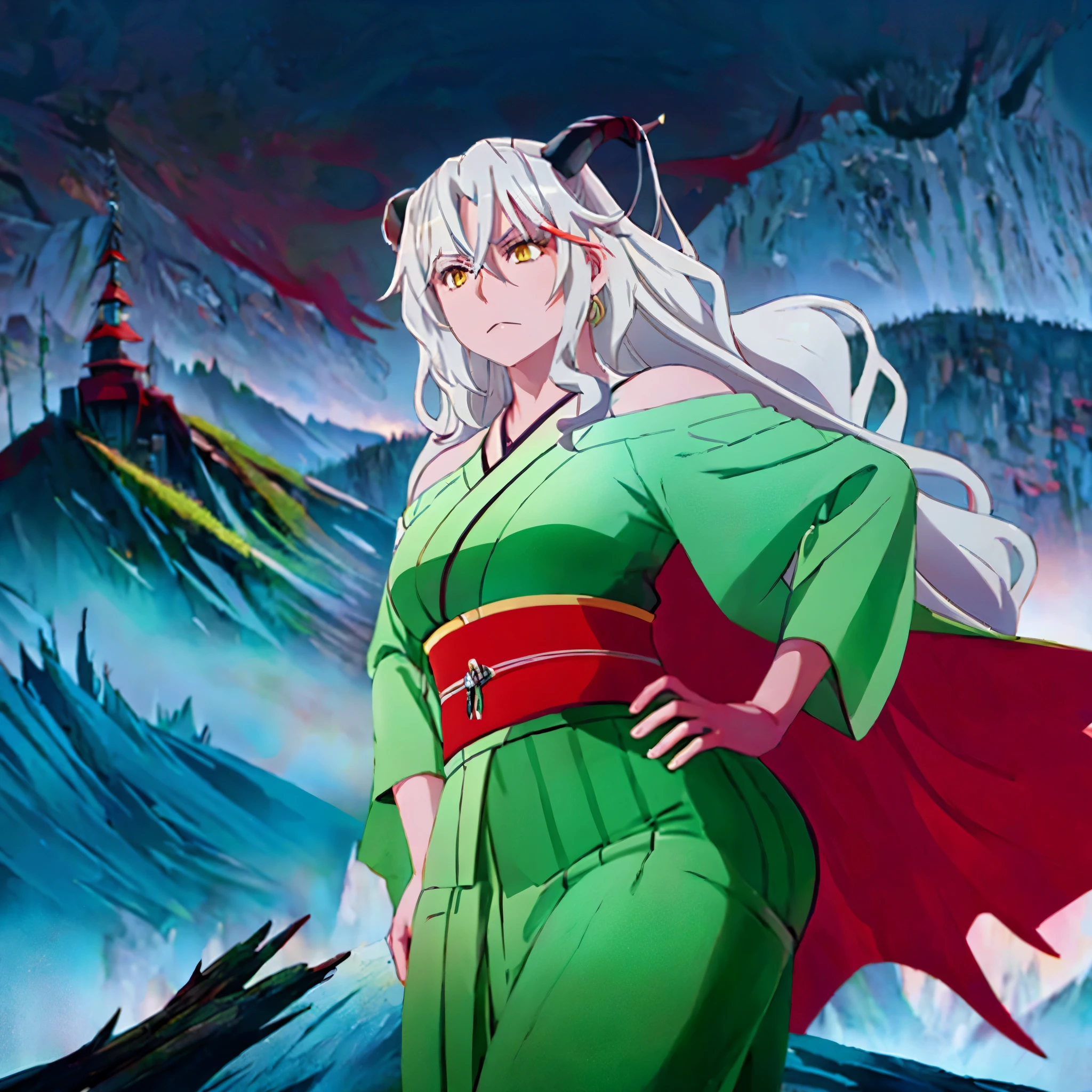 A woman wearing a green samurai kimono with red details, long skirt, horns, long white hair, yellow eyes, on a mountain with fog.
