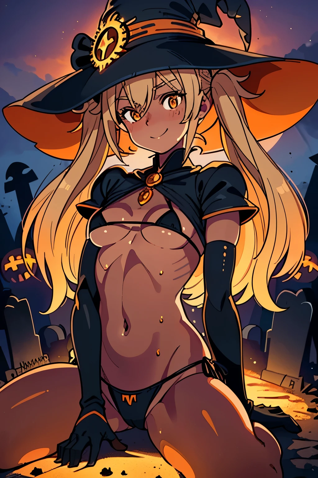best quality, masterpiece, 1 girl, (silhouette lighting:1.2), smile, (wariza:1.4), ultra detailed face, ash blonde low twintails hair with bangs, hourglass figure, oily skin, orange big witch hat, orange bikini, orange cloak and glove, (small breast, underboob:1.2), her sweating a lot, (graveyard at twilight:1.3)