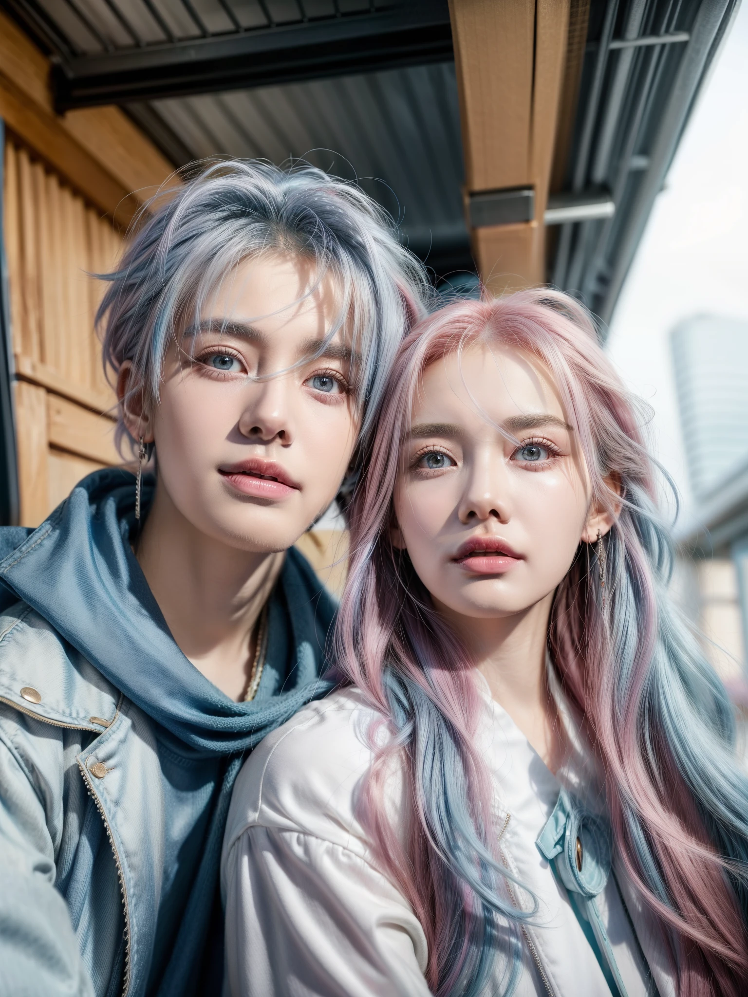 ((Male and female couples)), Idol Photos, Magazine covers, Photos of actors, Professional Photos, Height difference, tall male, Happiness, youthfulness, extra detailed face, detailed punk hair, very detailed character, inspired by Sim Sa-jeong, Cai Xukun's, detailed realistic faces, highly detailed realistic face, high detailed face anime, realistic detailed face, Accurate detailed face, attractive androgynous humanoid, Cool Korean fashion, ((Man with light blue hair)), ((Woman with pink hair)), ((Woman with long hair below waist)), ((Man with short hair over ears)), ((Pink hair woman with gentle expression)), ((Man with light blue hair with wild expression)), high-level image quality, masterpiece, Photographed so that the whole body can be seen, Photographed to make clothes look beautiful, Take your eyes off, ((two individuals)), ((British couple))