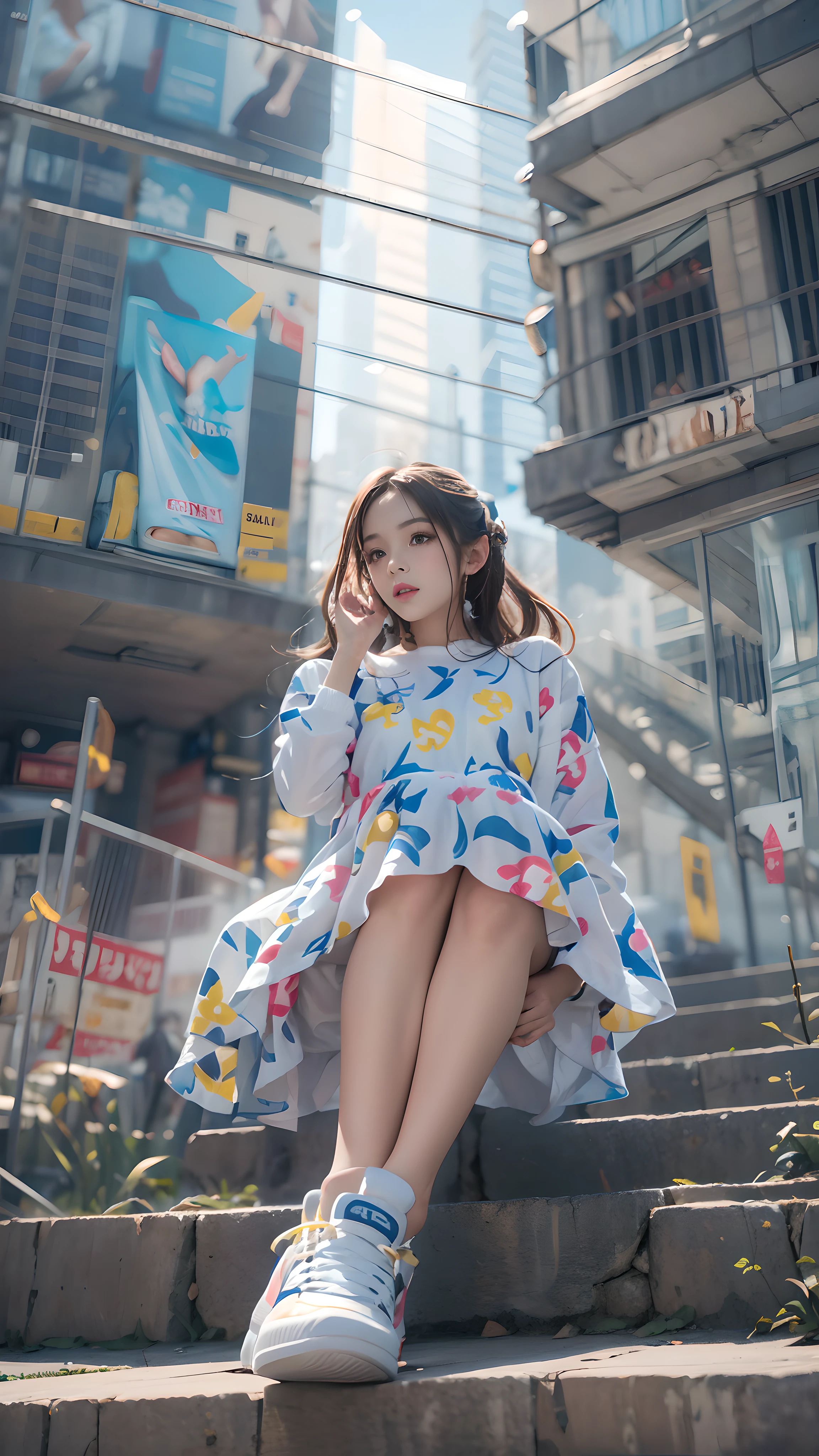 1 girl，wearing colorful clothes，(((bottom view))),sports shoes，shallow space，Urban architectural background，sitting position，best quality, masterpiece, 8K，depth of field