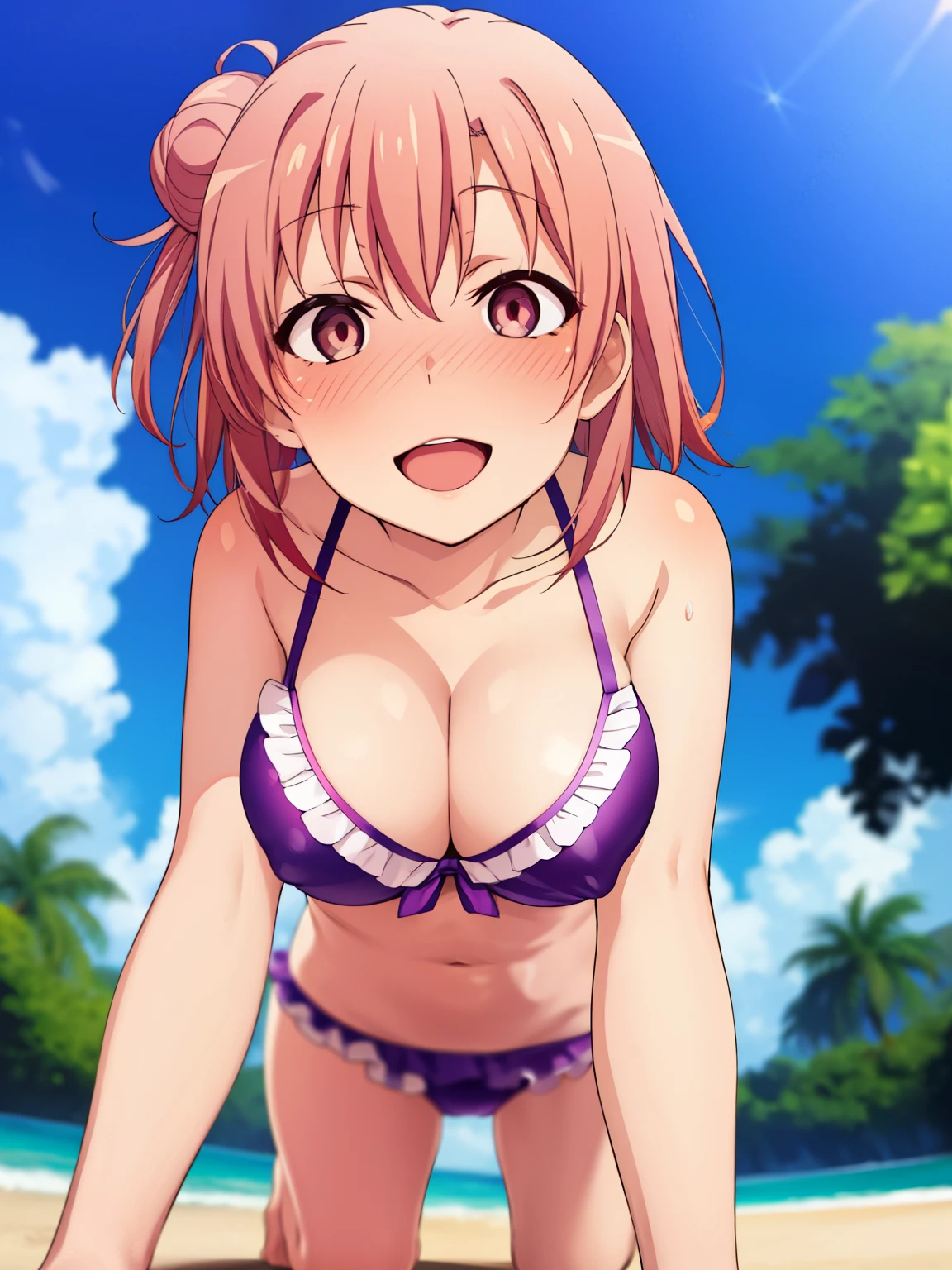 (highest quality, High resolution, perfect pixel, Depth of the bounds written, 4k, beautiful anime girl),  
looking at the viewer, 
perfect body,  

Yuigahama Yui, short hair, hair bun, 
large breast, 

belly button,

smile, (blush, pink eyes:1.2), open mouth,

outdoor, cloud, 

from below, upper body,  purple bikini, white frill,  crawl on all fours, 