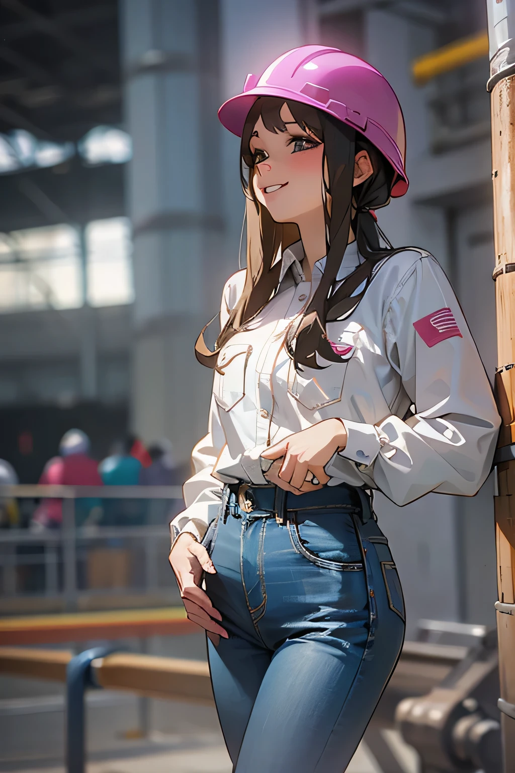 Female 25 years old,positive、jeans作業服 、shiny skin、Looks like work is fun、smile、 fine fabric texture, jeans、long sleeve shirt、pink helmet,Construction site、Rear show window、return、looking at camera、Backlight