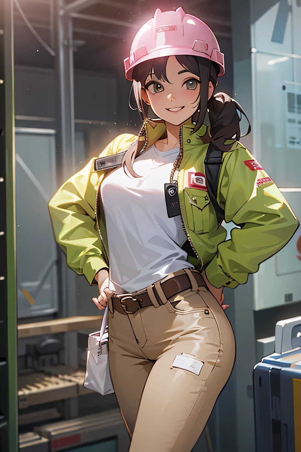 Female 25 years old,positive、jeans作業服 、shiny skin、Looks like work is fun、smile、 fine fabric texture, jeans、long sleeve shirt、pink helmet,Construction site、Rear show window、return、looking at camera、Backlight