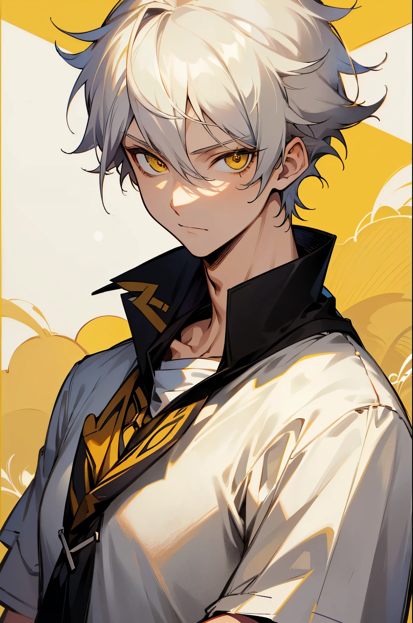 masterpiece, best quality, high quality, 1boy, solo, male focus, looking at viewer, upper body, closed mouth, (tshirt), gabimaru, white hair, yellow eyes,