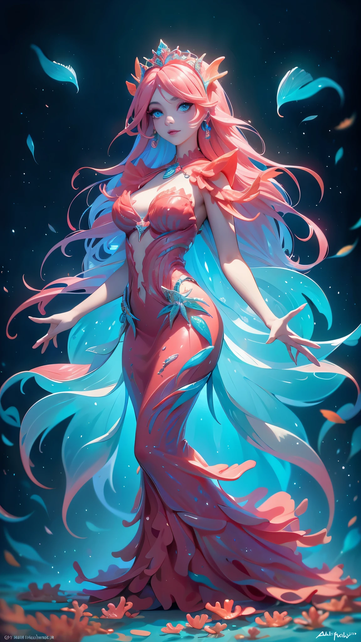 Ariel la sirenita, abyssal,(depth of fields),Mermaid Queen,long whitr hair,Ethereal beauty,peacful,tropical fishes,jelly fish,the reef。Vibrant colors,dreamlike lighting.Best quality,A high resolution,Masterpiece:1.2., (fondo coral peces algas marinas :1.4),( dedos detailed), (perfect anatomy) 