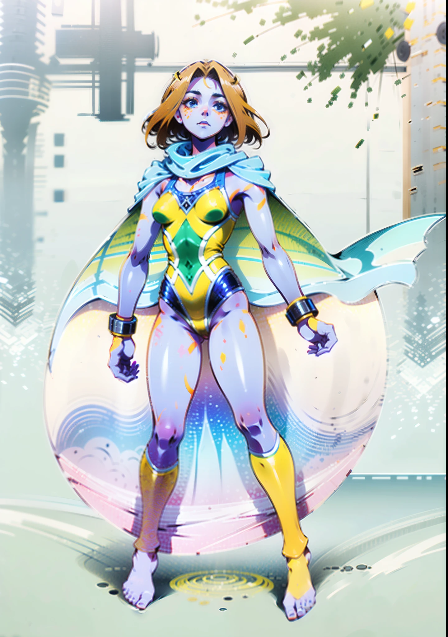 A teenager girl with short brown hair, delicate features, a focused gaze, a determined expression, she has a petite figure akin to a gymnast, adorned with a long flowing cape-like scarf in red and yellow hues, a fantasy-realism-style gymnastics leotard with a long hemline attached, paired with matching leggings, ((black as the main color, complemented by red and yellow accents)), (she poised on a vast stage enveloped in mystery, she emitting a sacred glow in the dim environment), this character embodies a finely crafted fantasy-realism-style dancer in anime style, exquisite and mature manga art style, perfect body, porcelain skin, high definition, best quality, highres, ultra-detailed, ultra-fine painting, extremely delicate, professional, anatomically correct, symmetrical face, extremely detailed eyes and face, high quality eyes, creativity, RAW photo, UHD, 32k, Natural light, cinematic, masterpiece-anatomy-perfect, masterpiece:1.5