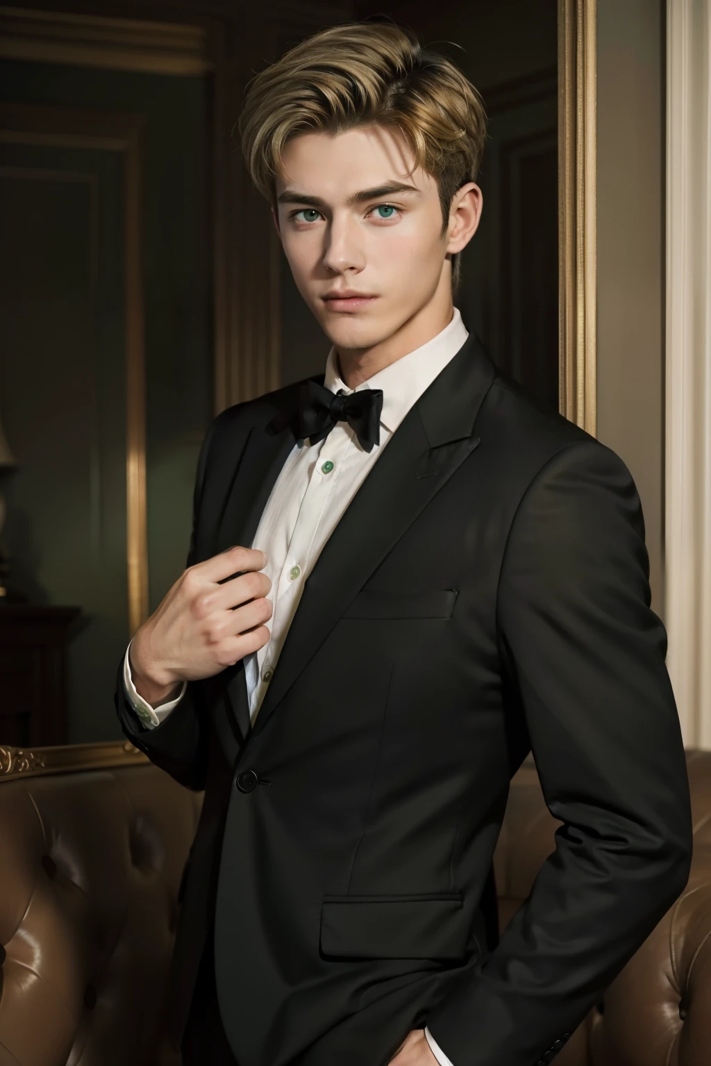masterpiece, best quality, realistic, 1man, mature male, quiet and charming young man, 18 years old, look serious, closed mouth, portrait, extremely detailed face, smirk, ((dark green eyes)), ((short-side-swept sandy blonde hair)), [thick eyebrows], living-room, ((black suit))