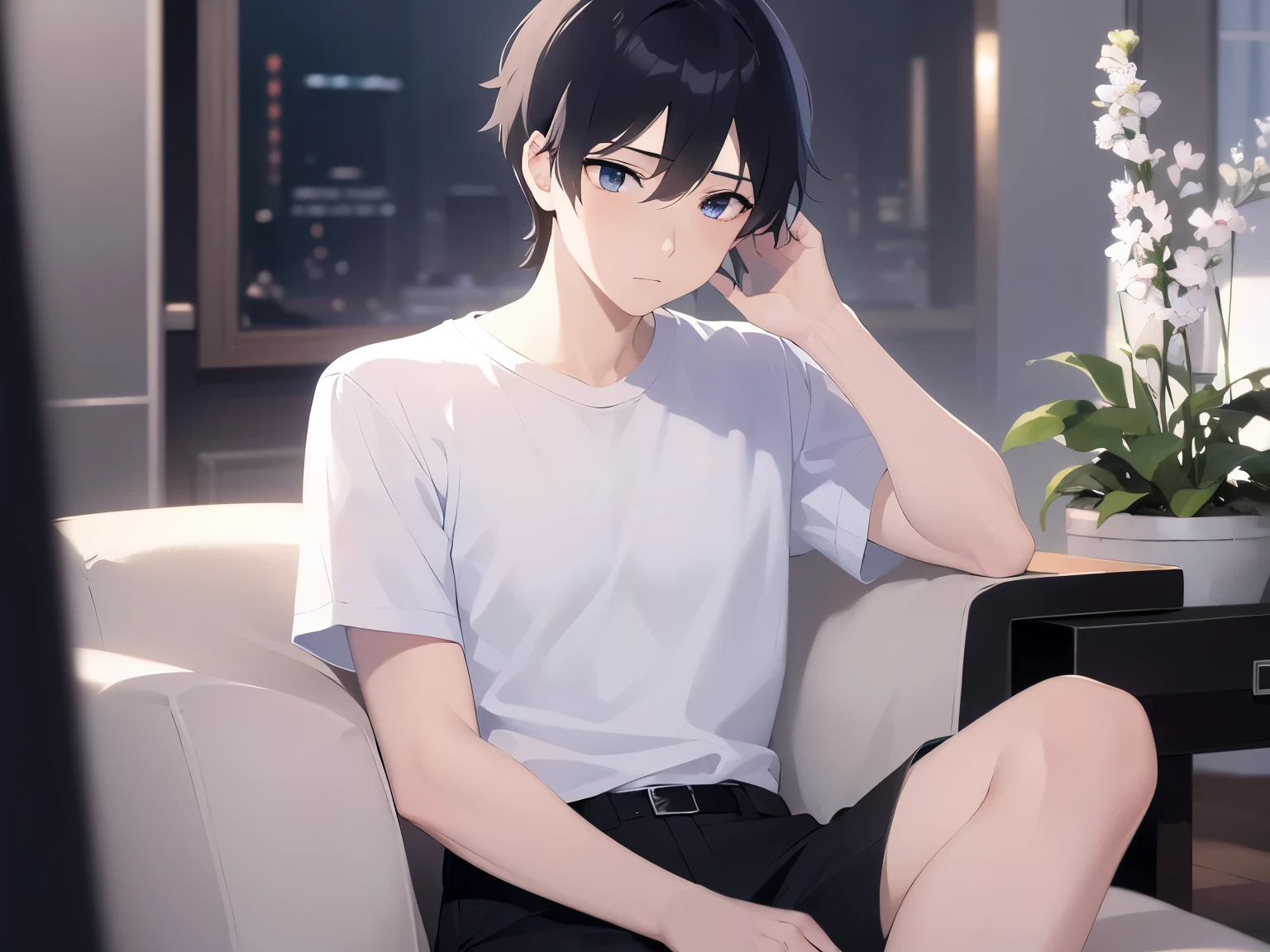 holding a phone, staring at cell phone、(looking away:1.5)、Upper Body, masterpiece、highest quality、25 year old male with short black hair and blue eyes, wearing a suit、wearing a white T-shirt、sitting、sad, The background is the living room at night、(Alone:2)
