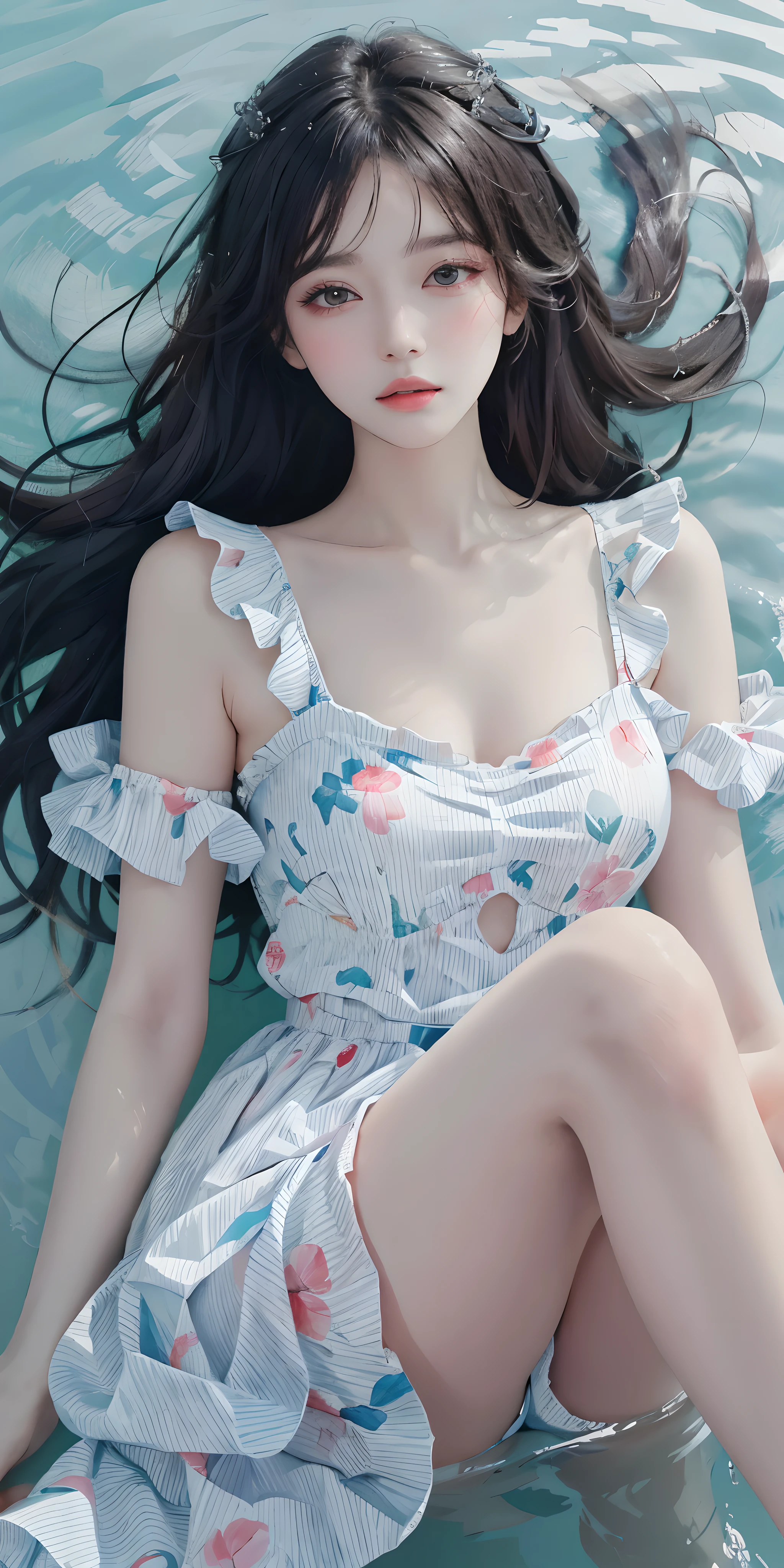 Sweet girly clothes 6,printed dress, (knee shot) best quality，masterpiece，ultra high resolution，Clear face,（realism：1.4），original photo，cold light，woman wearing transparent clothes underwater，wallpaper anime blue water，Gurwitz-style artwork，water magic closeup fantasy，author：Yang Jie，Gurwitz，A beautiful artistic illustration，Water Nymphs，Beautiful digital artwork，Beautiful digital illustration，Li Song，A beautiful anime portrait，a bull'Art style