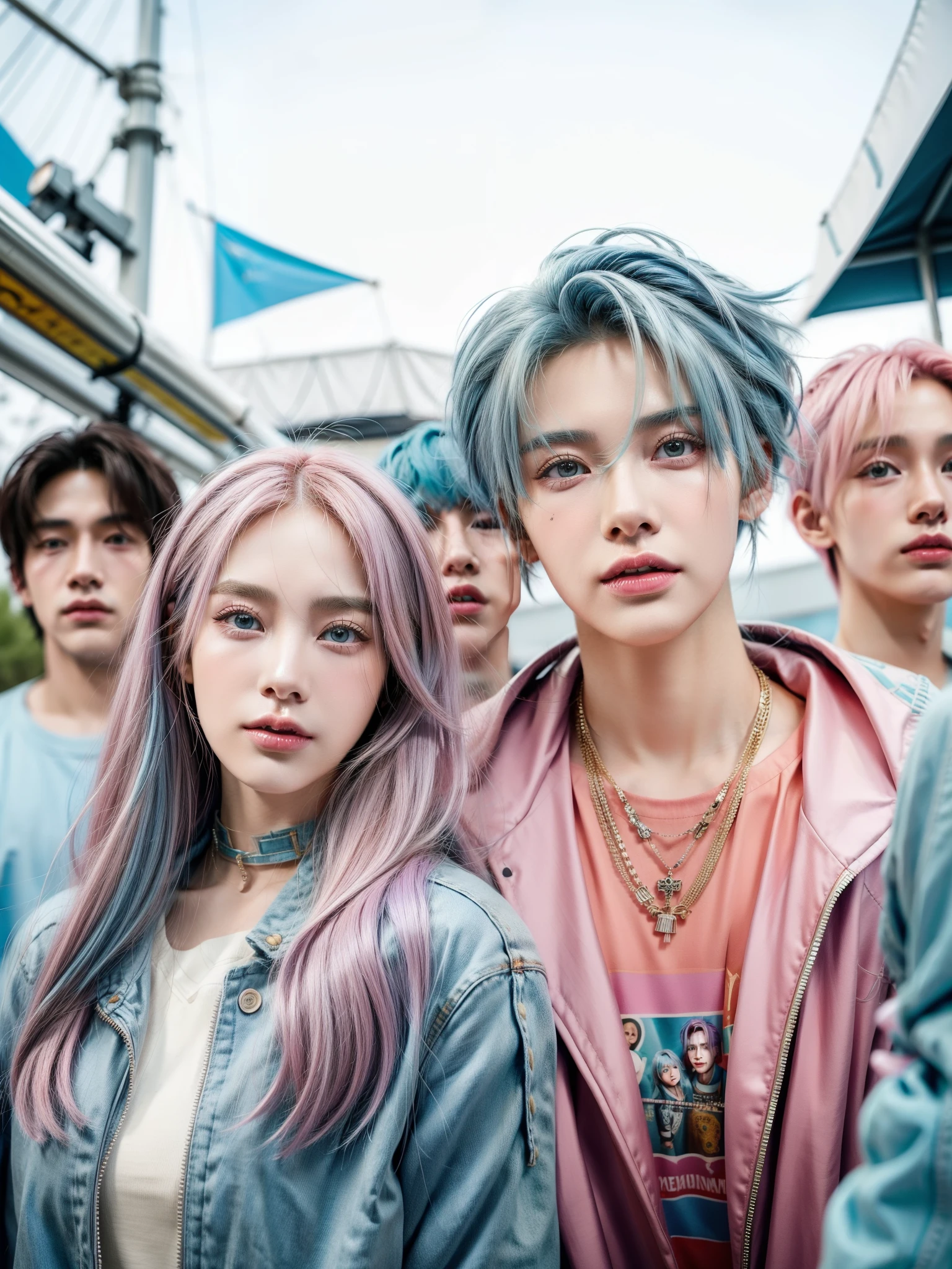 ((Male and female couples)), Idol Photos, Magazine covers, Photos of actors, Professional Photos, Height difference, tall male, Happiness, youthfulness, extra detailed face, detailed punk hair, very detailed character, inspired by Sim Sa-jeong, Cai Xukun's, detailed realistic faces, highly detailed realistic face, high detailed face anime, realistic detailed face, Accurate detailed face, attractive androgynous humanoid, Cool Korean fashion, ((Man with light blue hair)), ((Woman with pink hair)), ((Woman with long hair below waist)), ((Man with short hair over ears)), ((Pink hair woman with gentle expression)), ((Man with light blue hair with wild expression)), high-level image quality, ​masterpiece, Photographed so that the whole body can be seen, Photographed to make clothes look beautiful, Take your eyes off, ((two individuals)), ((British couple))