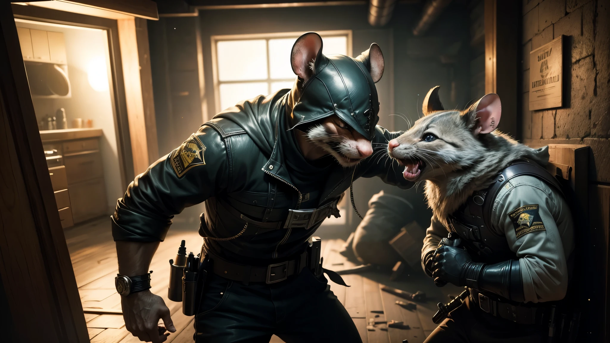 good quality, ultra high resolution，masterpiece, 8K，（reality，detail，close up）night，A robber with a rat head，and Sheriff Cathead，in the basement，mutual，Fighting，fight