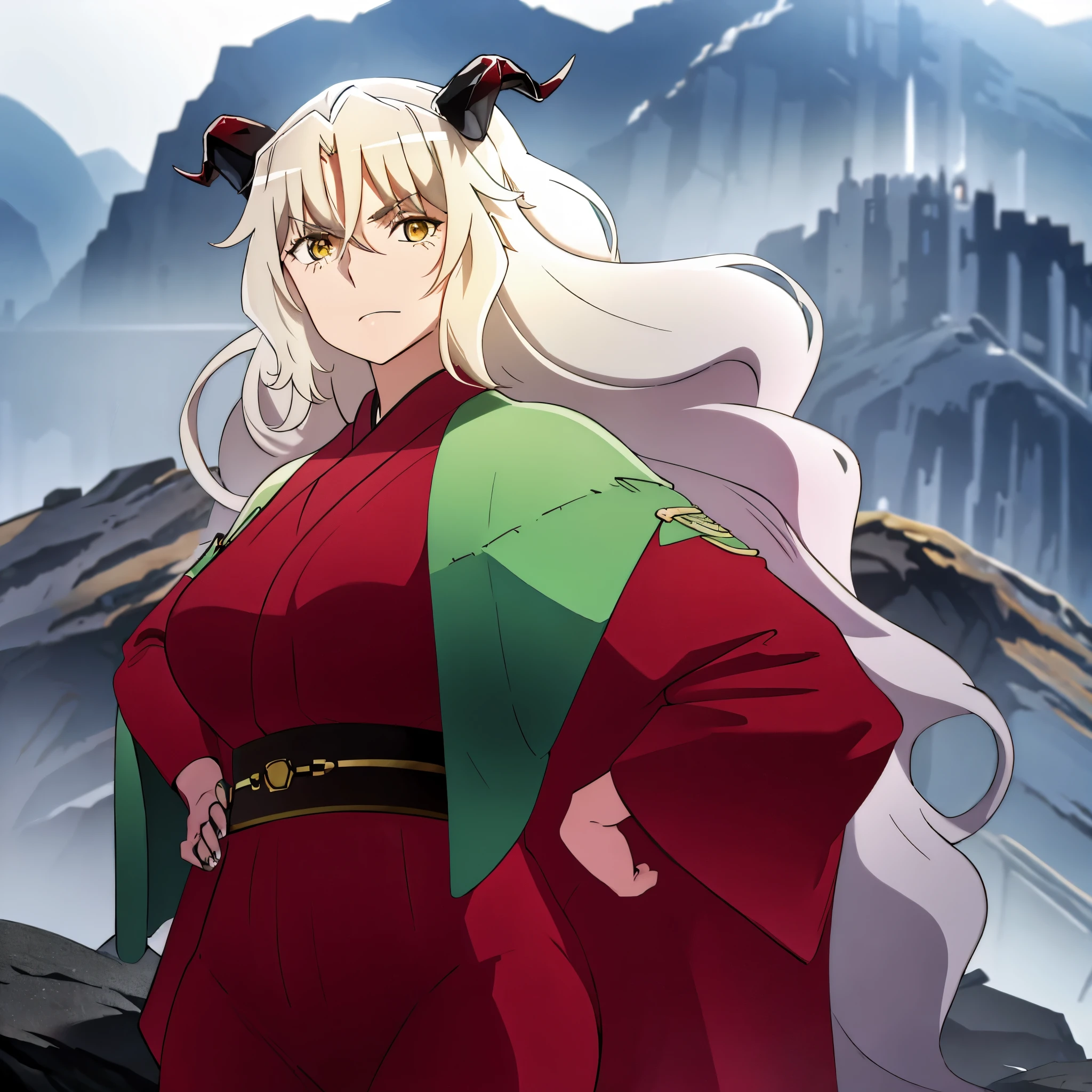 A woman wearing a green samurai kimono with red details, long skirt, horns, long white hair, yellow eyes, on a mountain with fog.
