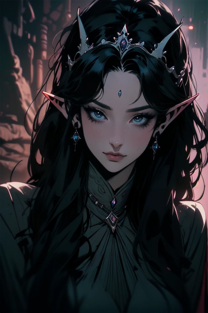 { - anatomy error}(Masterpiece - Ultra-detailed, very high resolution)moonlight, hyper-realistic of a mysterious woman with flowing black hair, ears of elf, piercing opal eyes, and a delicatelace crown, delicate smile, upper body,