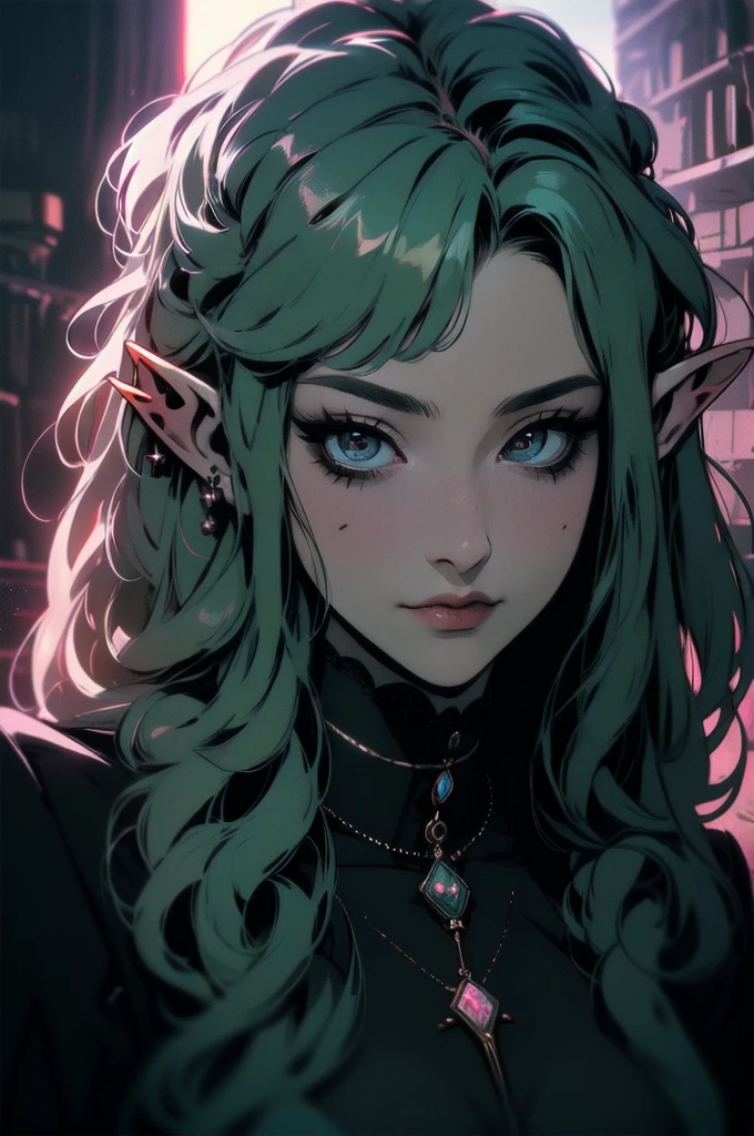 { -  error}(Masterpiece - Ultra-detailed, very high resolution)moonlight, hyper-realistic of a mysterious woman with flowing black hair, ears of elf, piercing opal eyes, and a delicatelace crown, delicate smile, upper body, 
