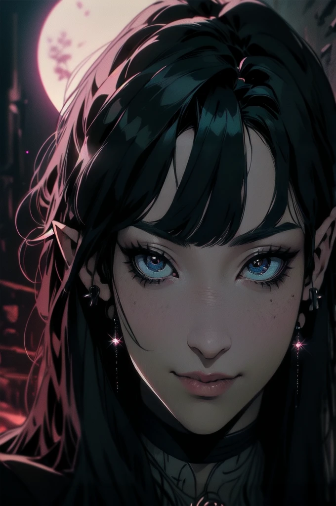 { - anatomy error}(Masterpiece - Ultra-detailed, very high resolution)moonlight, hyper-realistic of a mysterious woman with flowing black hair, ears of elf, piercing opal eyes, and a delicatelace crown, delicate smile, upper body, 