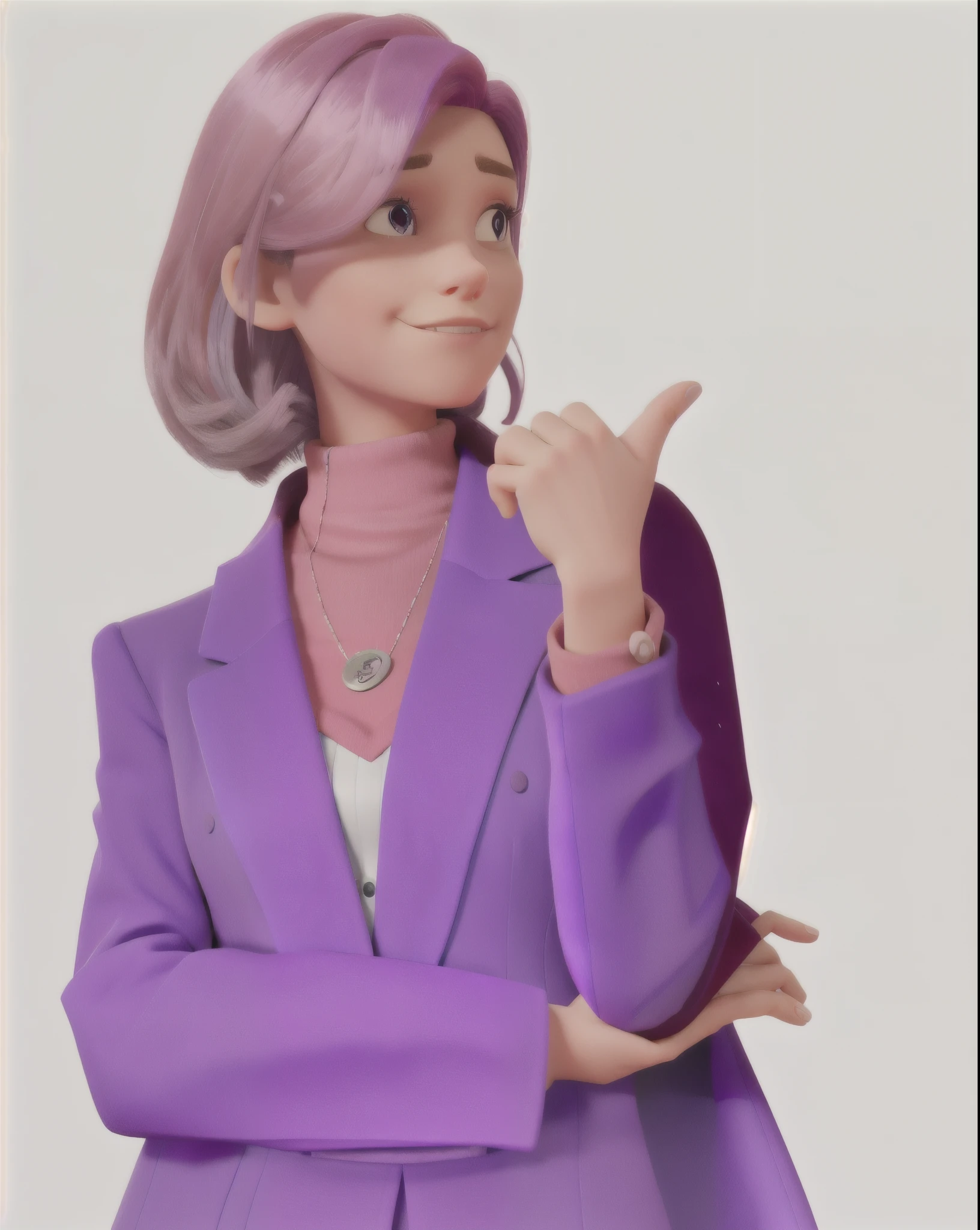 purple jacket with buttons on the front, woman in business suit, girl in suit, a purple suit jacket, girl in a suit, wearing a light - pink suit, solid background, purple hair portrait of woman, pink iconic character, promotional render, purple and pink leather garments, violet color, she has purple hair, pink and purple, with pink hair