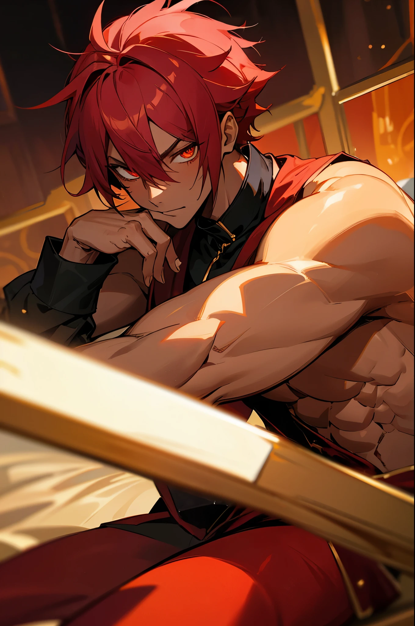 cute male, Red hair, yellow  eyes, looking at the camera, serious, wearing no shirt, Athletic Belt, japanese house, Difinifo body, wearing no shirt, black neck necklace, Athletic Belt, protuberance, Small White Underwear, Hand Smoothing the Breast,( cute male, wearing no shirt) Athletic Belt, , cute boy)