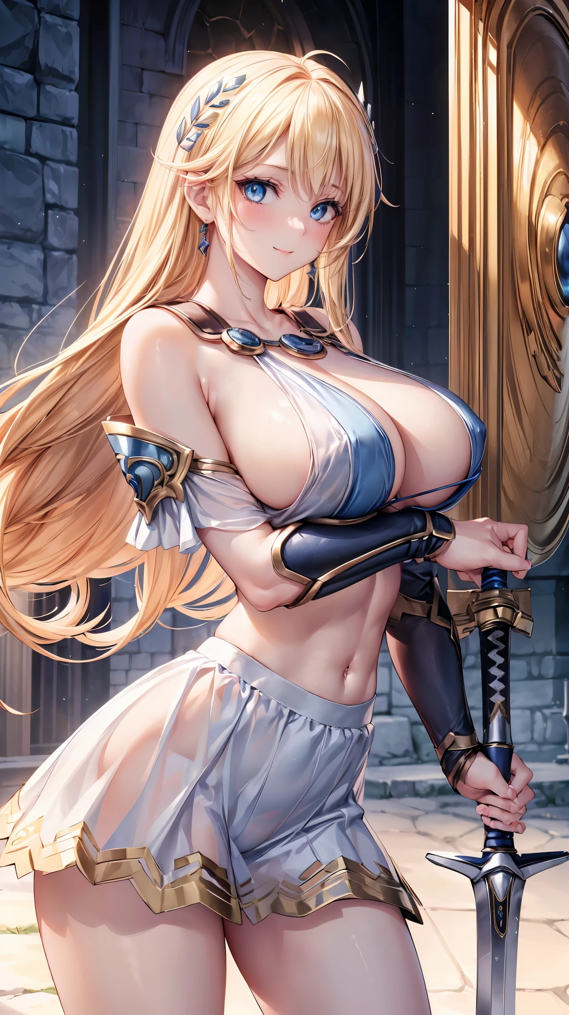 sensual, long blonde hair, thick thighs, 8K, 4k, highest quality, (High resolution:1.6), cute anime face, noise reduction, (shining blue eyes, gentle smile:1.3, kind eyes:1.3)、toned abdominal muscles, muscular arms, muscular legs, young face, anime eyes, Sophitia Alexandra、(holding a sword in the right hand:1.5)、(Equipped with a shield on the left arm:1.5)、(SFW huge body:1.5)、(beautiful nose:1.5)