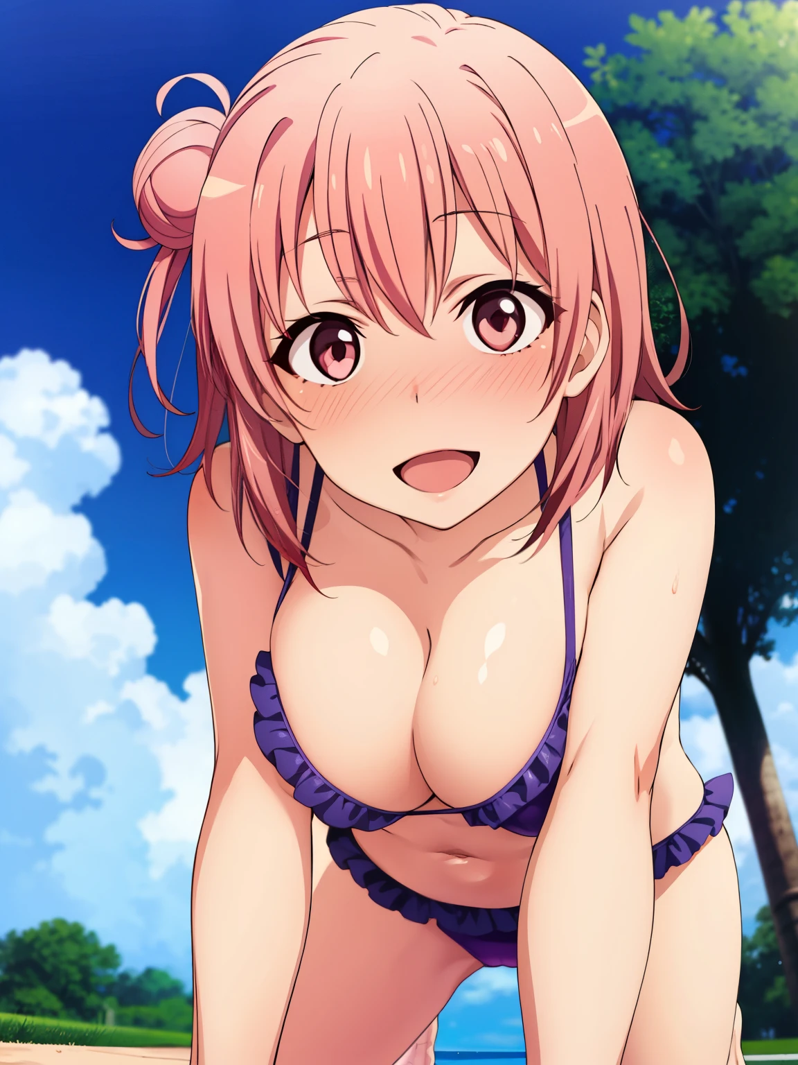 (highest quality, High resolution, perfect pixel, Depth of the bounds written, 4k, beautiful anime girl),
looking at the viewer,
perfect body,
Yuigahama Yui, short hair, hair bun,
huge breast,
belly button,
smile, (blush, pink eyes:1.2), open mouth,
outdoor, cloud,
from below, upper body, purple bikini, white frill, crawl on all fours,