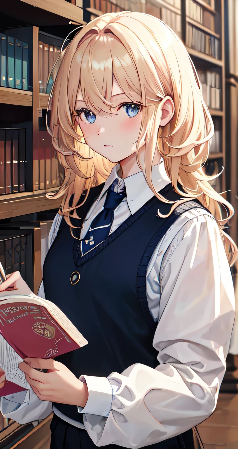 masterpiece, (((highest quality)))), ((super detailed)), ((illustration)),
(((library))), blond_hair, ((shoulder-length_hair)), fluffy hair, (((messy_hair))), dark_blue_eyes, clavicle, indigo sweater vest, nervous, [blush], looking_at_viewer, [soft]
(white_collared_shirt, long_sleeves, 1), black_suit_pants, pink x_hair_ornament)
