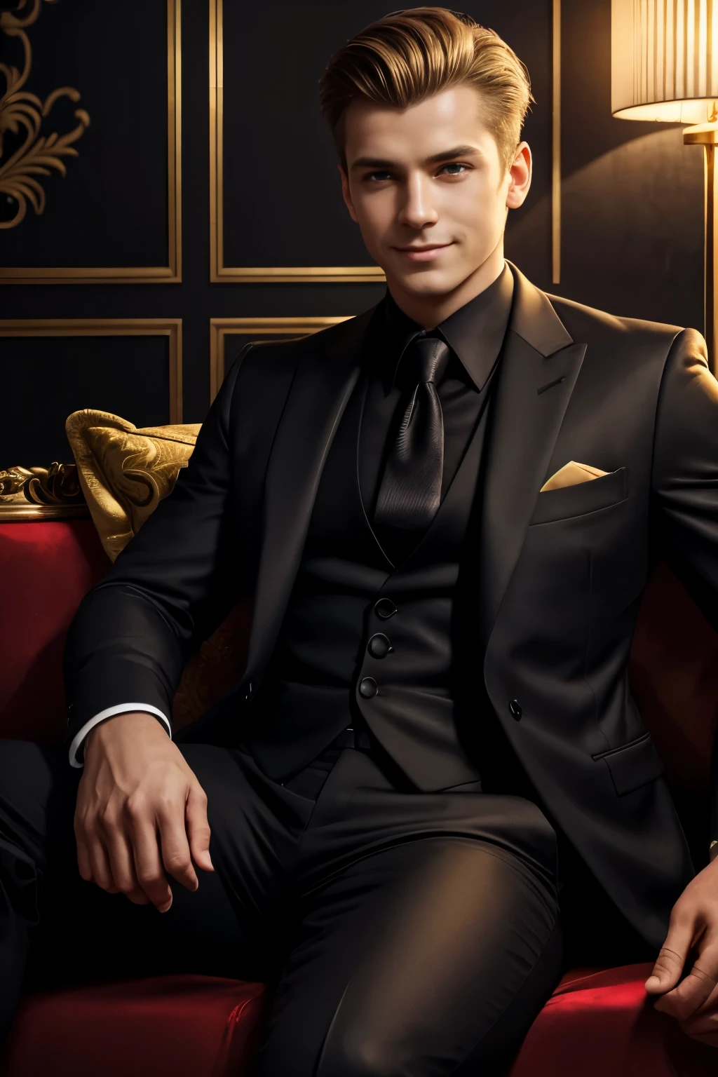 (tmasterpiece, high resolution, ultra - detailed:1.0), (1boy, Young male), Perfect male body, Eyes look at the camera, Extremely detailed CG, Unity 8k wallpaper, Complicated details, solo person, Detailed face, (with short golden hair, Black suit, Black shirt, 3-piece-suit, Sit on the sofa in a luxurious room), (Evil smile),(Mafia), color difference, Depth of field, dramatic shadow, Ray tracing, Best quality, offcial art, Portrait,Dark wallpaper,