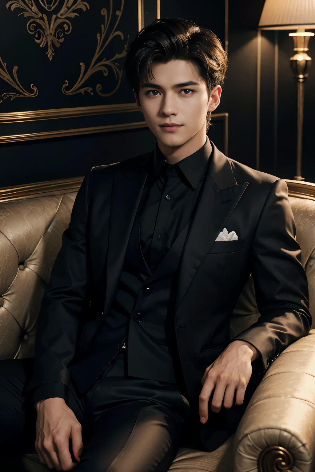 (tmasterpiece, high resolution, ultra - detailed:1.0), (1boy, Young male), Perfect male body, Eyes look at the camera, Extremely detailed CG, Unity 8k wallpaper, Complicated details, solo person, Detailed face, (with short golden hair, Black suit, Black shirt, 3-piece-suit, Sit on the sofa in a luxurious room), (Evil smile),(Mafia), color difference, Depth of field, dramatic shadow, Ray tracing, Best quality, offcial art, Portrait,Dark wallpaper,