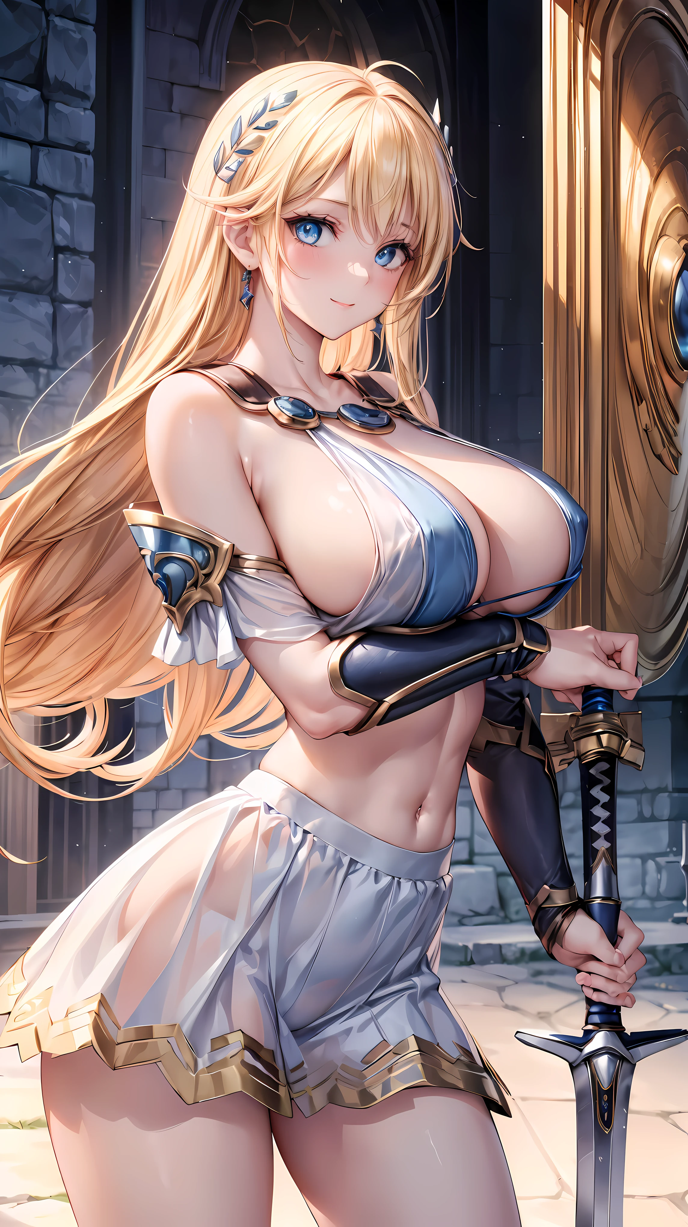sensual, long blonde hair, thick thighs, 8K, 4k, highest quality, (High resolution:1.6), cute anime face, noise reduction, (shining blue eyes, gentle smile:1.3, kind eyes:1.3)、toned abdominal muscles, muscular arms, muscular legs, young face, anime eyes, Sophitia Alexandra、(holding a sword in the right hand:1.5)、(Equipped with a shield on the left arm:1.5)、(SFW huge body:1.5)、(beautiful nose:1.5)