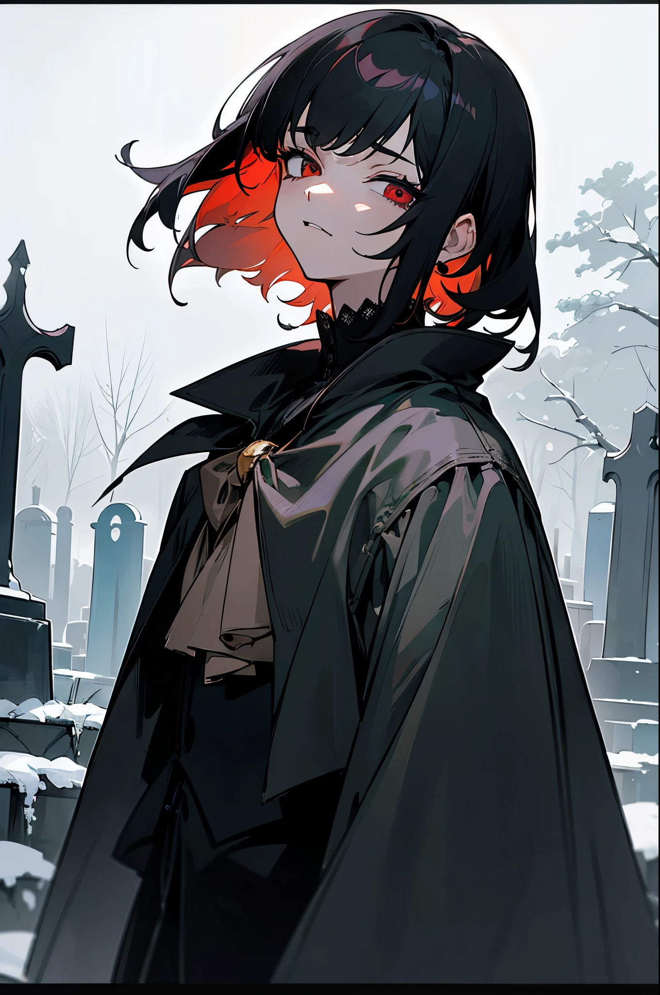 Ritsu Sakuma, masterpiece, best quality, male character, black hair, fluffy hair, soft hair, hair goes to ears, short haircut, red eyes, bowlcut, short black hair, bangs, side bangs frame cheeks, vampire, fangs, stylized character design, male, highly detailed outfit, sleepy, tired, handsome, cute, lovely boy, antique, frontage, lateral face, lovely boy, perfect face, detailed eyes, elegant, slim, dark, facing camera, gothic, vampirism, pierced ears, elegant, historic, nighttime, relaxed, peaceful, midnight, beautiful, detailed background, cemetery, haunted, lithe, avant- grade , original, rgkg, sly, tired eyes, eye bags, dark eyes, eyelashes, graveyard, snow, sleepy, silver accessories, cloak, badges, ribbons on coat, lace shirt
