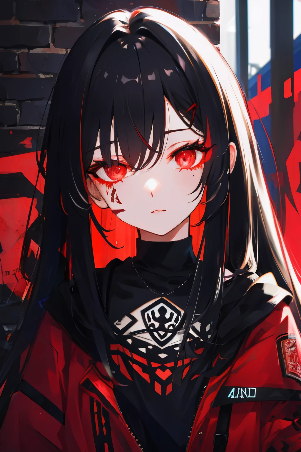 best quality, intricate details, chromatic aberration, 

1girl, long hair, black hair, messy hair, red highlights, hair over one eye, red eyes, sharp eyes, 

choker, neon shirt, torn legwear, open jacket, 

against wall, brick wall, graffiti, glowing grafiti, glowing tattoos, glow, neon lights, 


blacklight,  