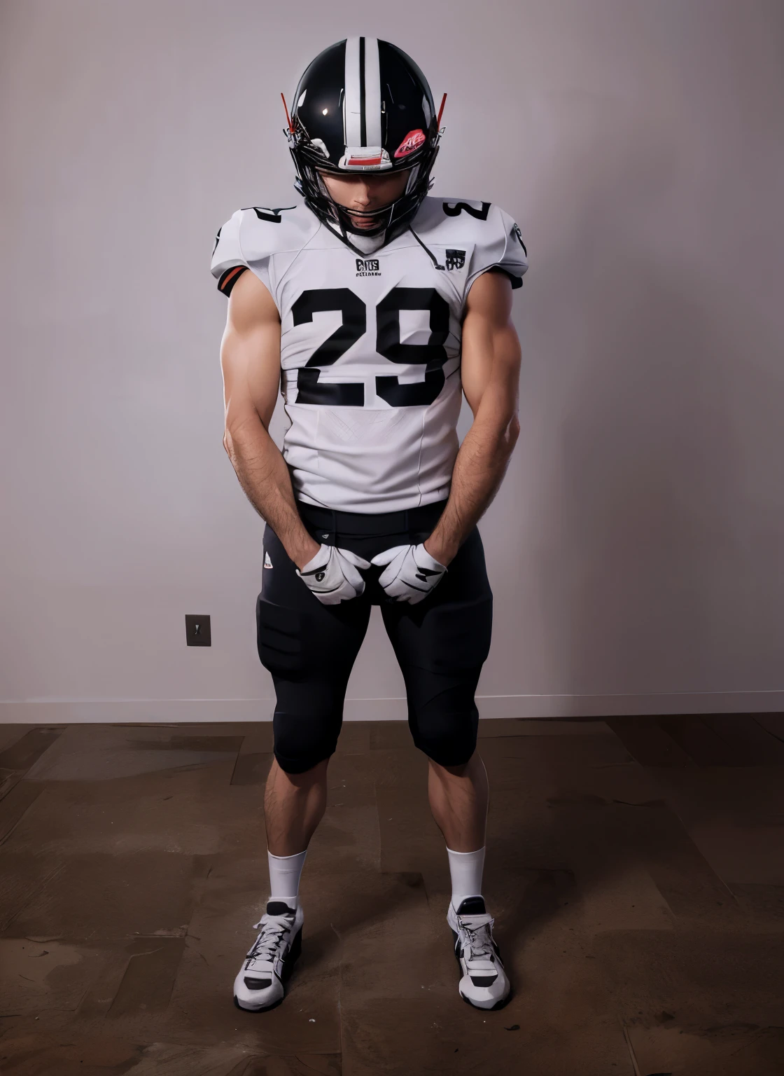 absurd, best quality, 1 man, american football, clothes in, gray football boots, white jersey, black pants, black helmet, have 2 stripes, 2 stripes on helmet, helmet, white socks, black sink gloves #29, jersey number 29, black a white, muscle, athletic, stick to the colors,