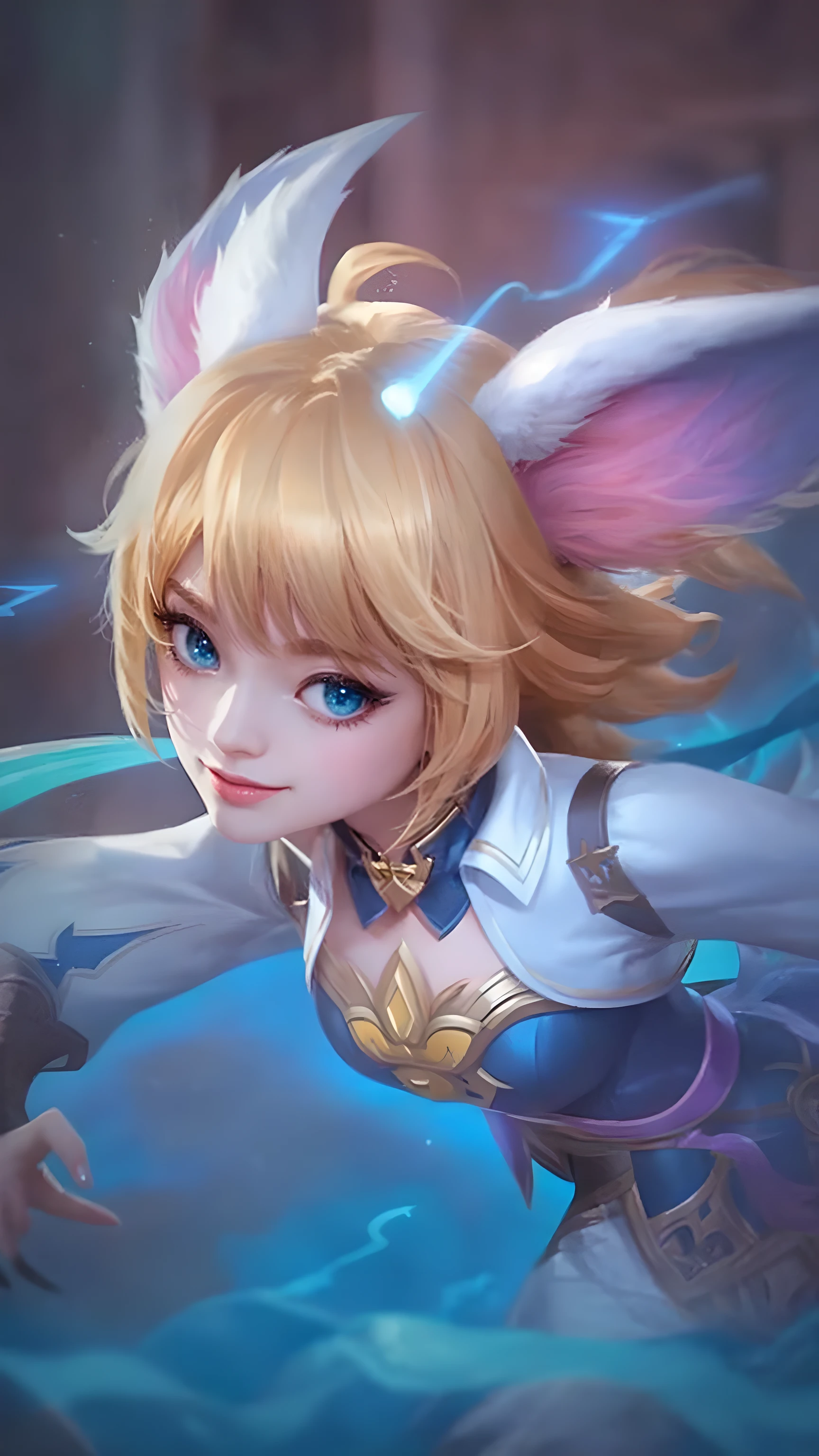 k/da_ahri, 1girl, ahri (league of legends), breasts, animal ears, blonde hair, solo, fox ears, k/da (league of legends), long hair, cleavage, tail, whisker markings, looking at viewer, facial mark, choker, large breasts, bare shoulders, fox tail, jewelry, yellow eyes, upper body, multiple tails, bangs, shiny, collarbone, covered navel, earrings